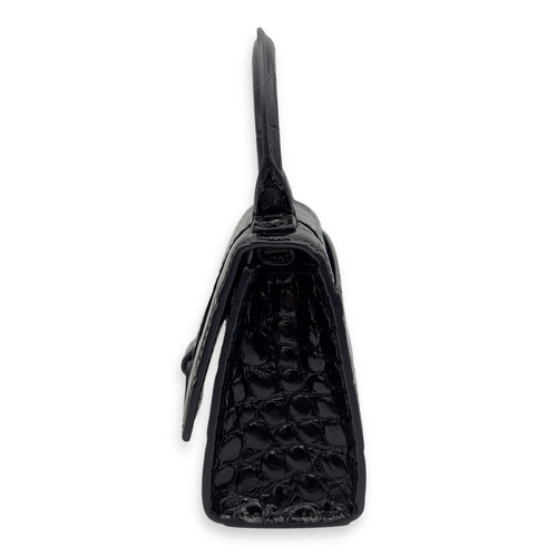 Balenciaga Hourglass Mini Black Top Handle Bag in Crocodile Embossed Calfskin, Lacquered Metal hardware_5