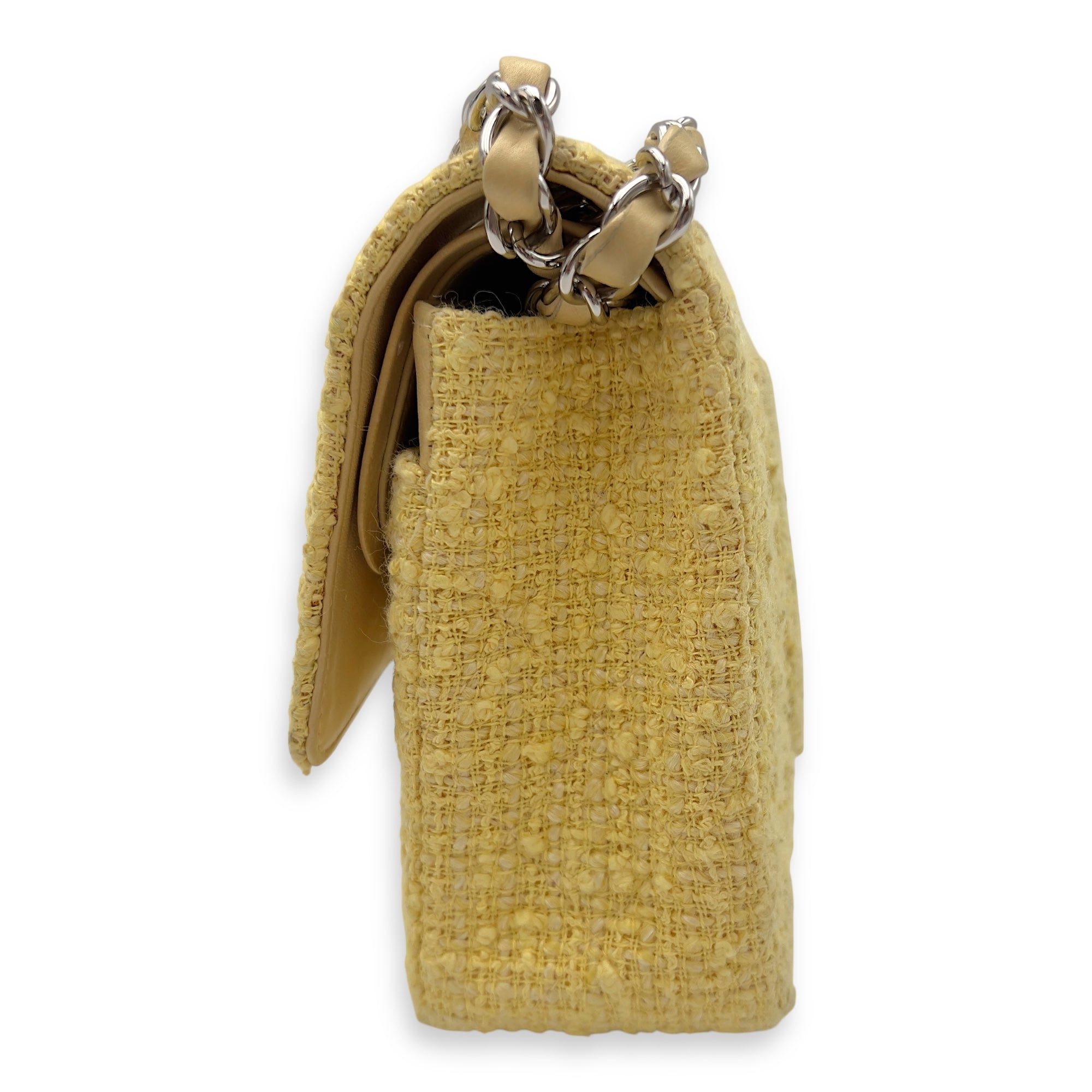 Chanel Classic Shoulder Bag Yellow in Tweed, Silver hardware_5
