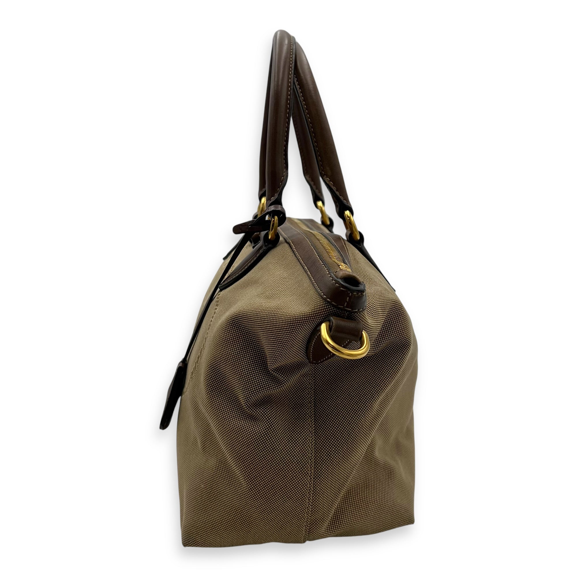 Prada Logo Small Brown Top Handle Bag in Canvas, Gold hardware_4