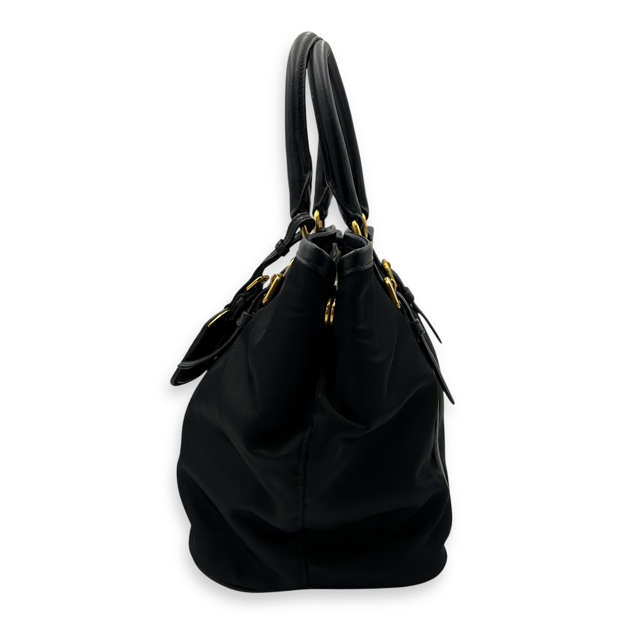 Prada Logo Black Top Handle Bag in Nylon, Gold hardware_4