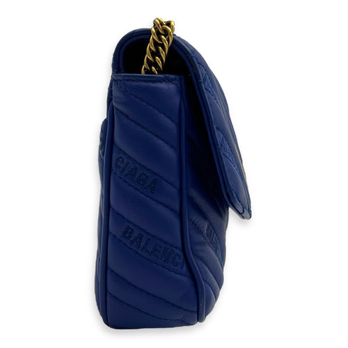 Balenciaga Logo Shoulder Bag Blue in Calfskin, Gold hardware_4