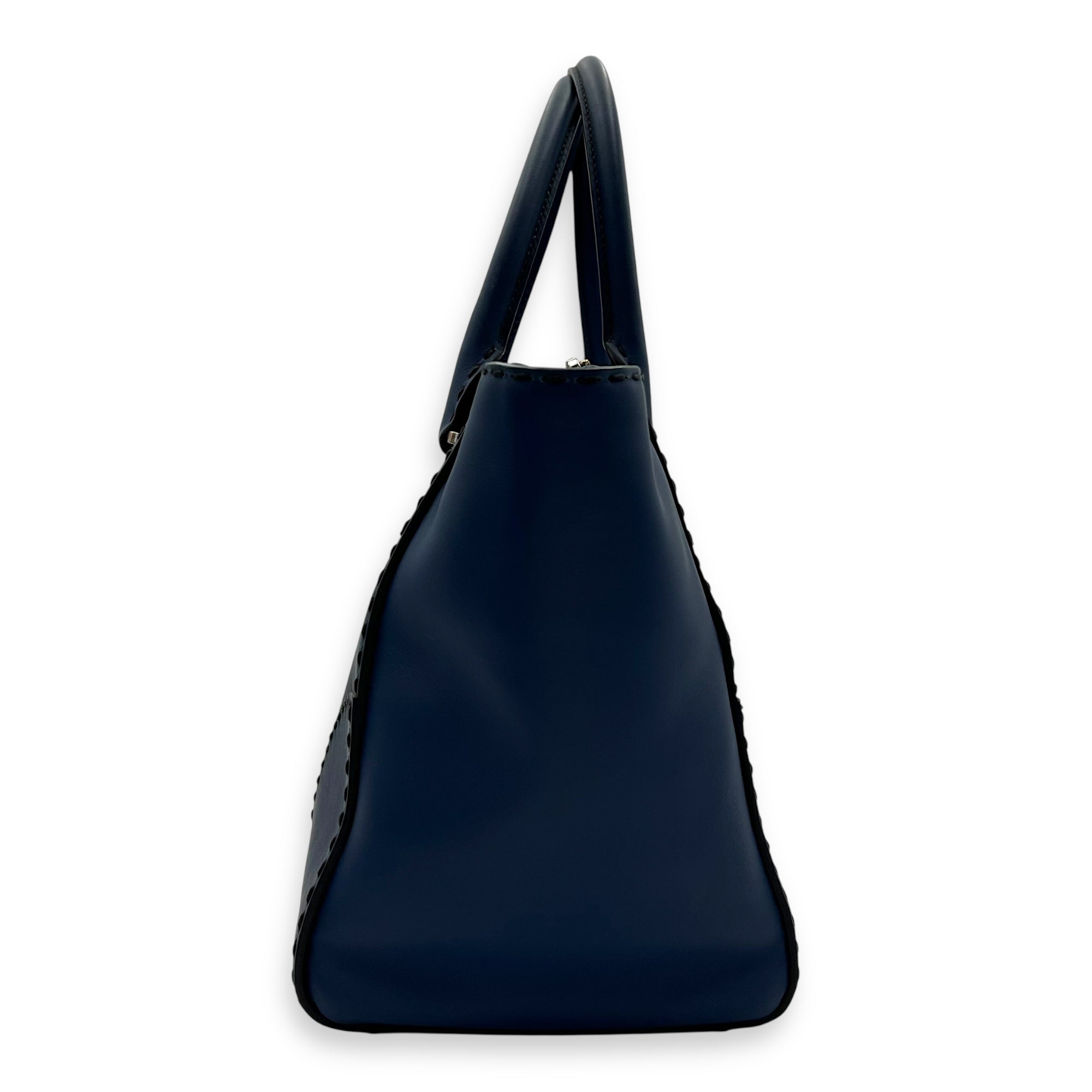 Prada Logo Top Handle Bag Blue in Calfskin, Gold hardware_4