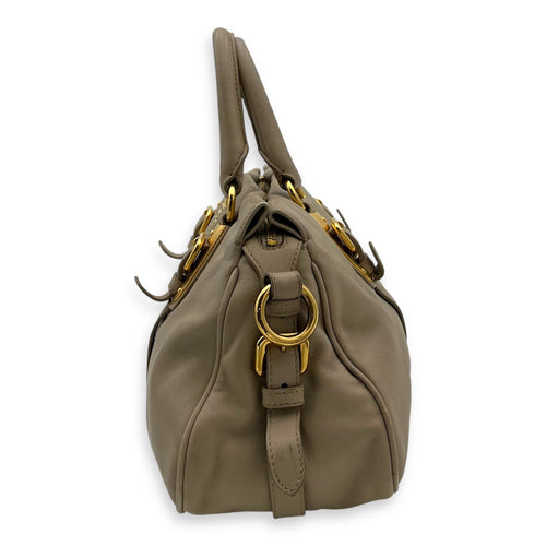 Prada Logo Top Handle Bag Beige in Calfskin, Gold hardware_4