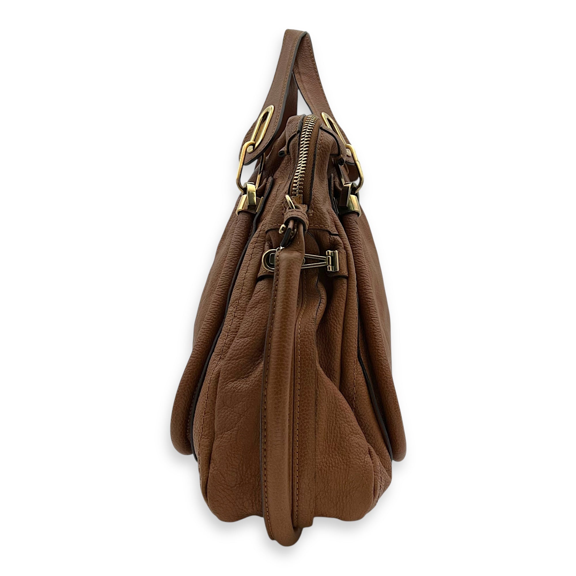 Chloé Paraty Large Brown Top Handle Bag in Calfskin, Gold hardware_4