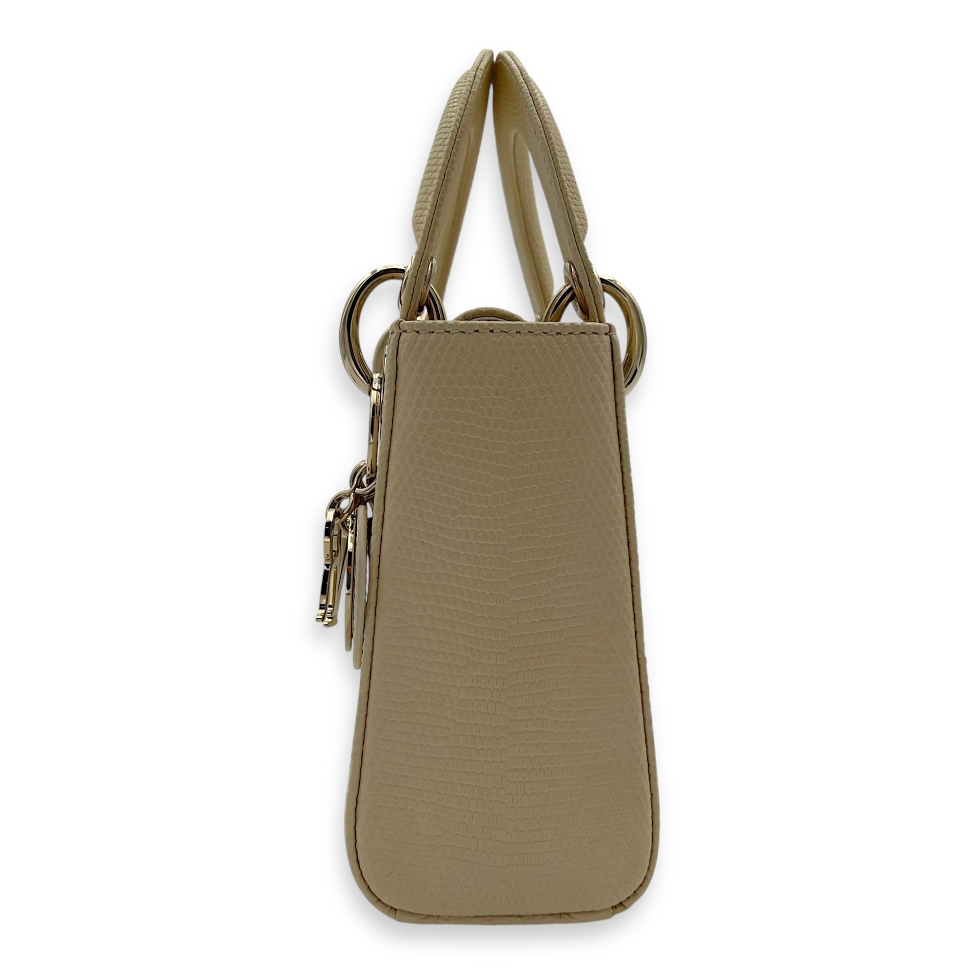 Christian Dior Lady Dior Top Handle Bag Mini Cream in Lizard, Light Gold hardware_4