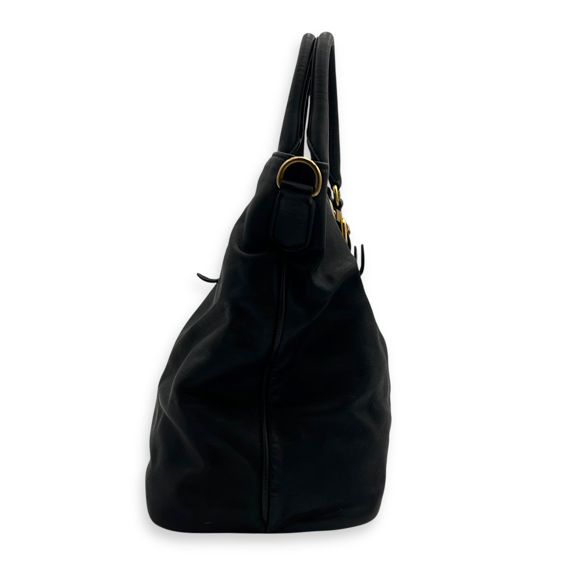 Prada Logo Top Handle Bag Black in Calfskin, Gold hardware_4