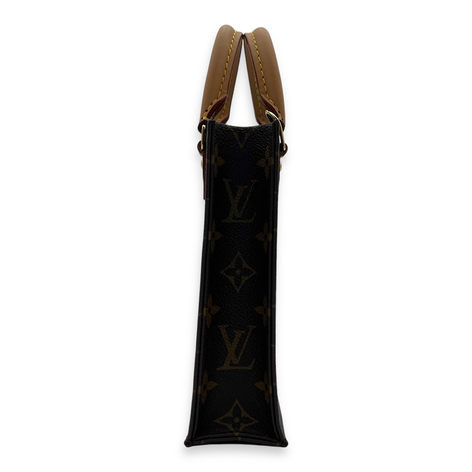 Louis Vuitton Sac Plat Petite Brown Top Handle Bag in Monogram Coated Canvas, Gold hardware_4