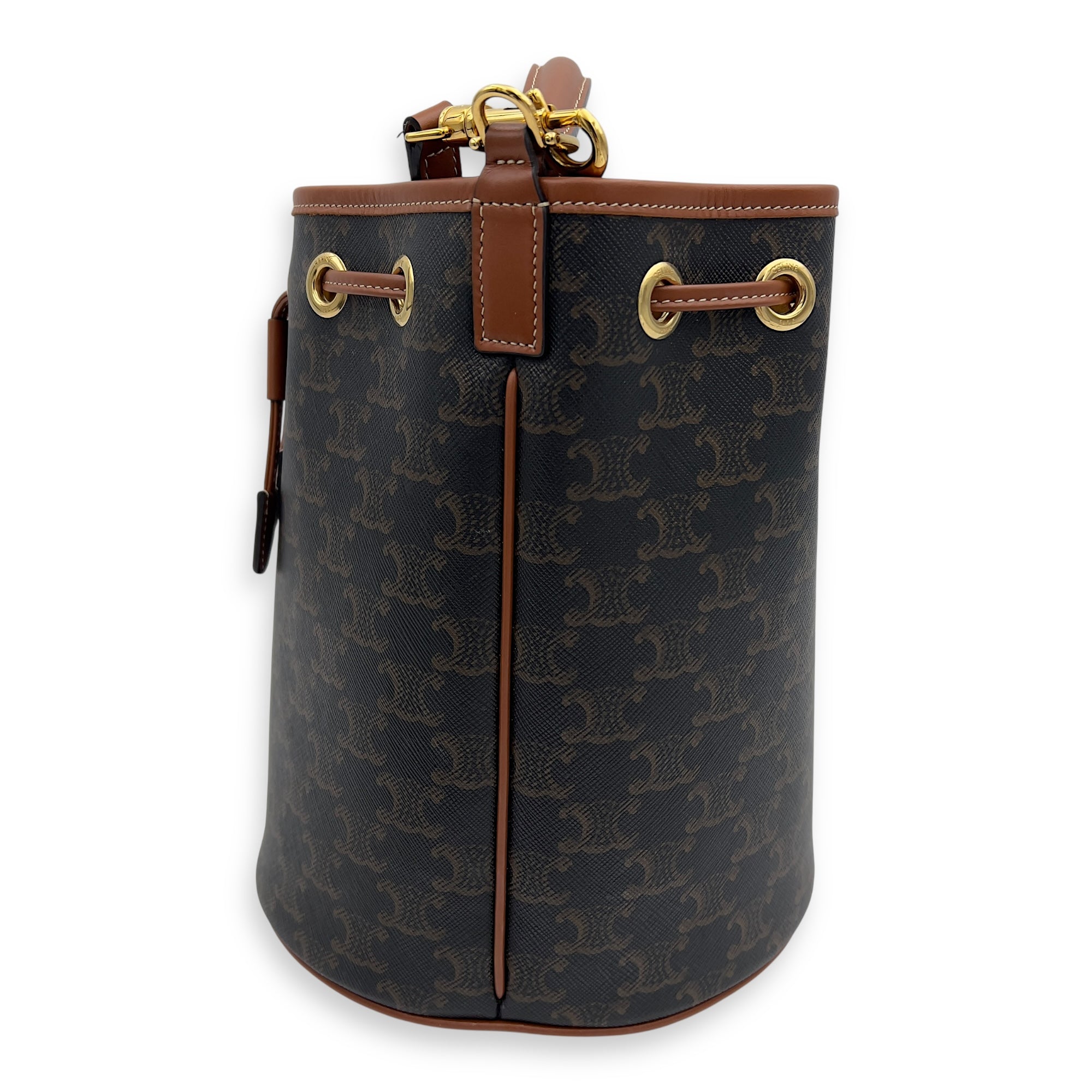 Celine Clara Bucket Bag Brown in Coated Canvas, Gold hardware_4