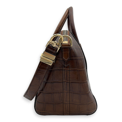 Givenchy Antigona Small Brown Top Handle Bag in Crocodile Embossed Calfskin, Gold hardware_4