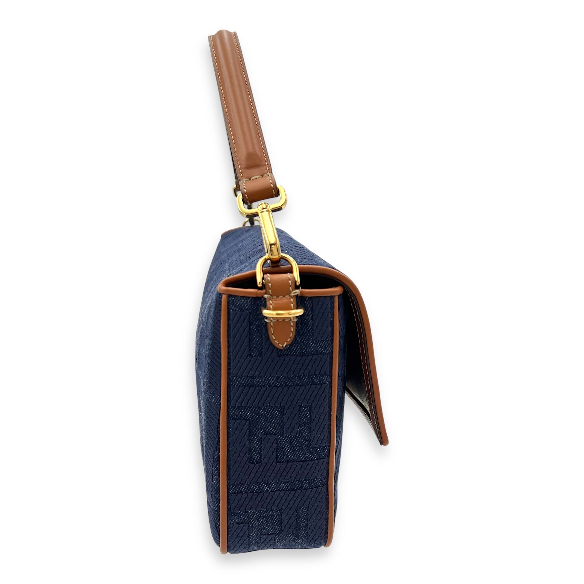 Fendi Baguette Shoulder Bag Blue in Denim, Gold hardware_5
