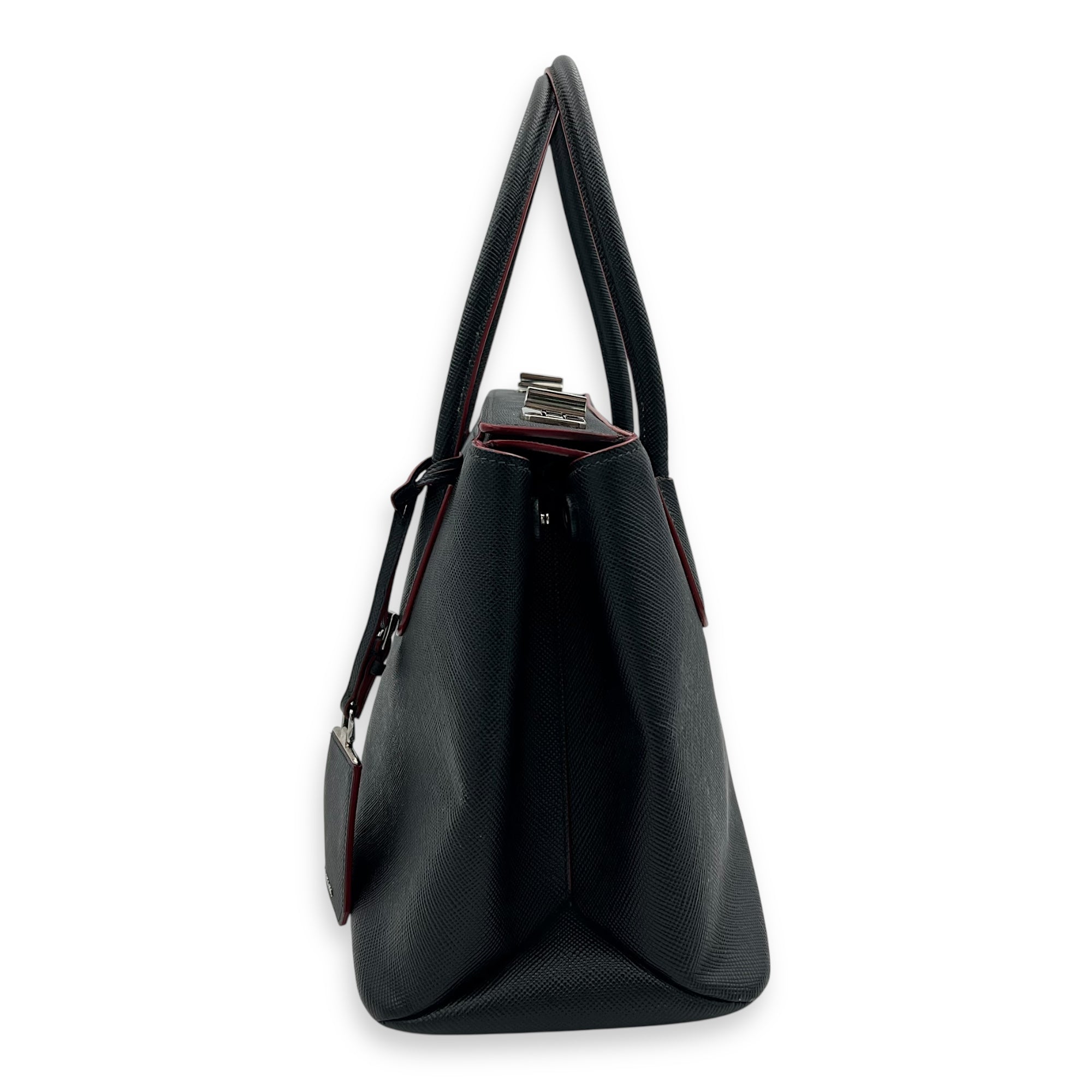 Prada 2 way turnlock bag Top Handle Bag Black in Saffiano Leather, Silver hardware_4