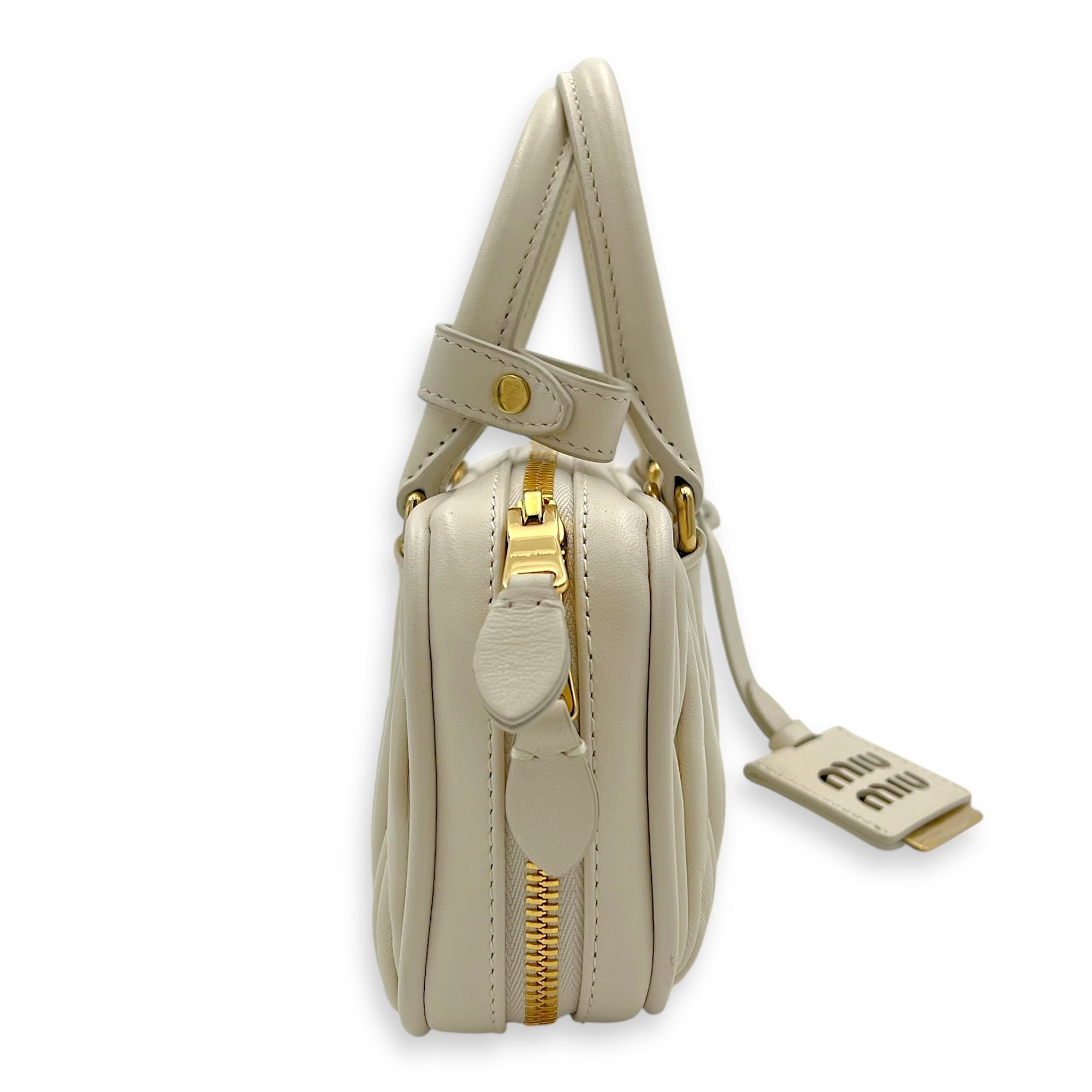 Miu Miu Arcadie Top Handle Bag White in Calfskin, Gold hardware_4