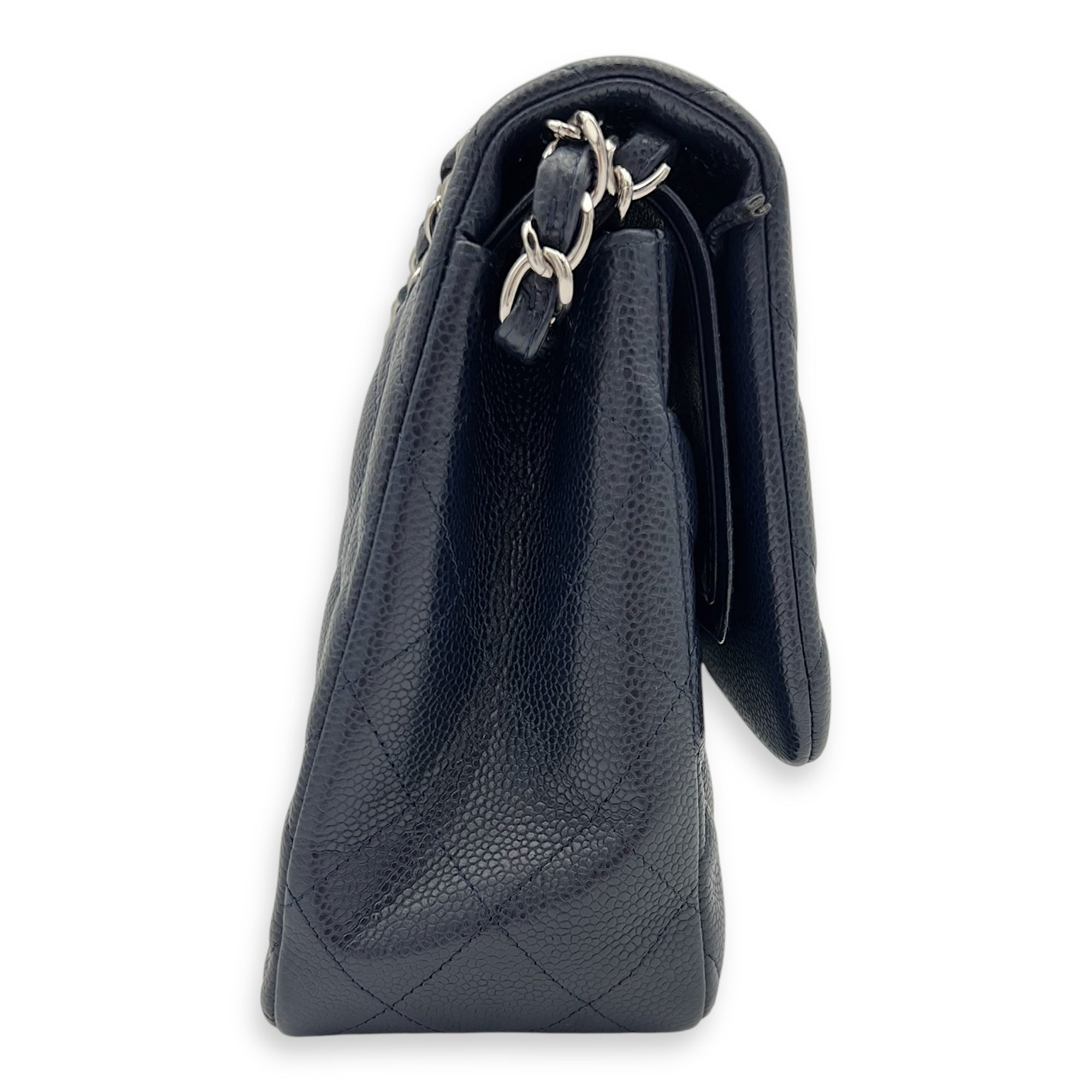 Chanel Classic Jumbo Blue Shoulder Bag in Caviar Leather, Silver hardware_10