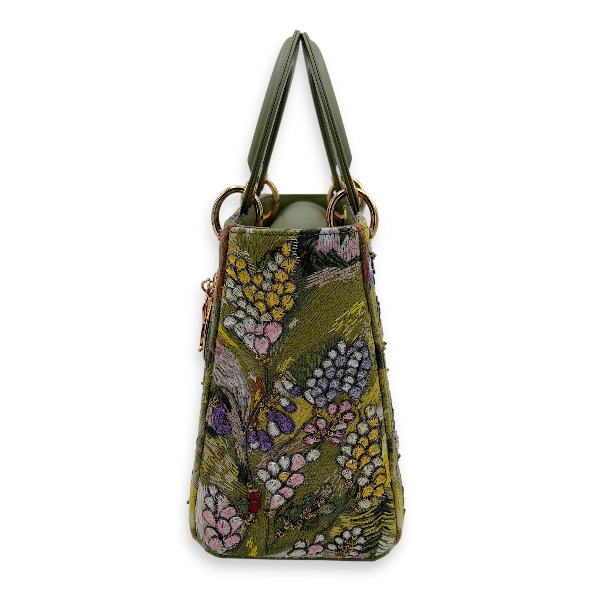 Dior Lady Dior Medium Green Top Handle Bag in Embroidered, Rose Gold hardware_4