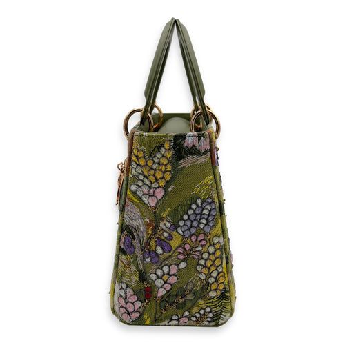 Dior Lady Dior Medium Green Top Handle Bag in Embroidered, Rose Gold hardware_4