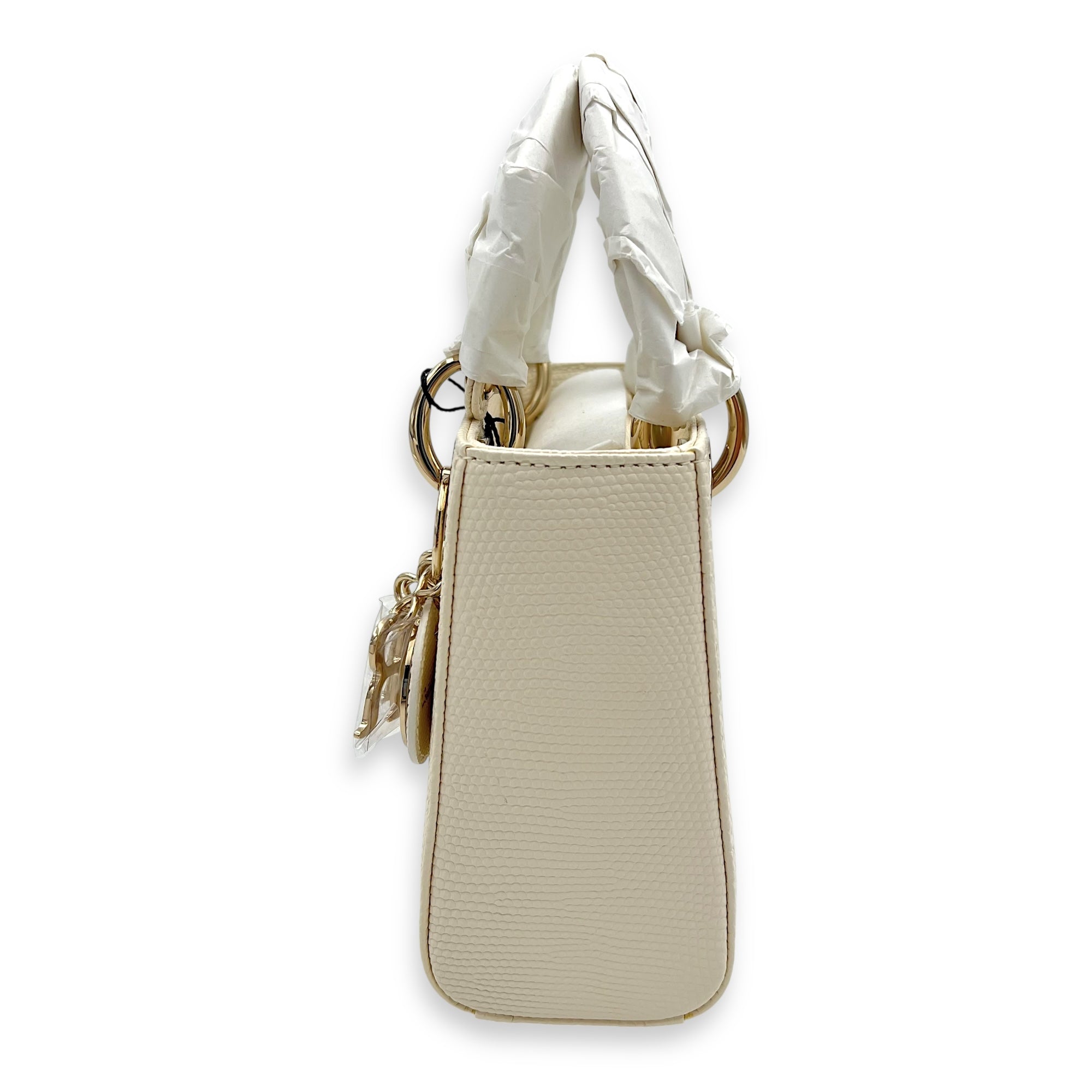 Dior Lady Dior Top Handle Bag Mini White in Lizard, Gold hardware_6