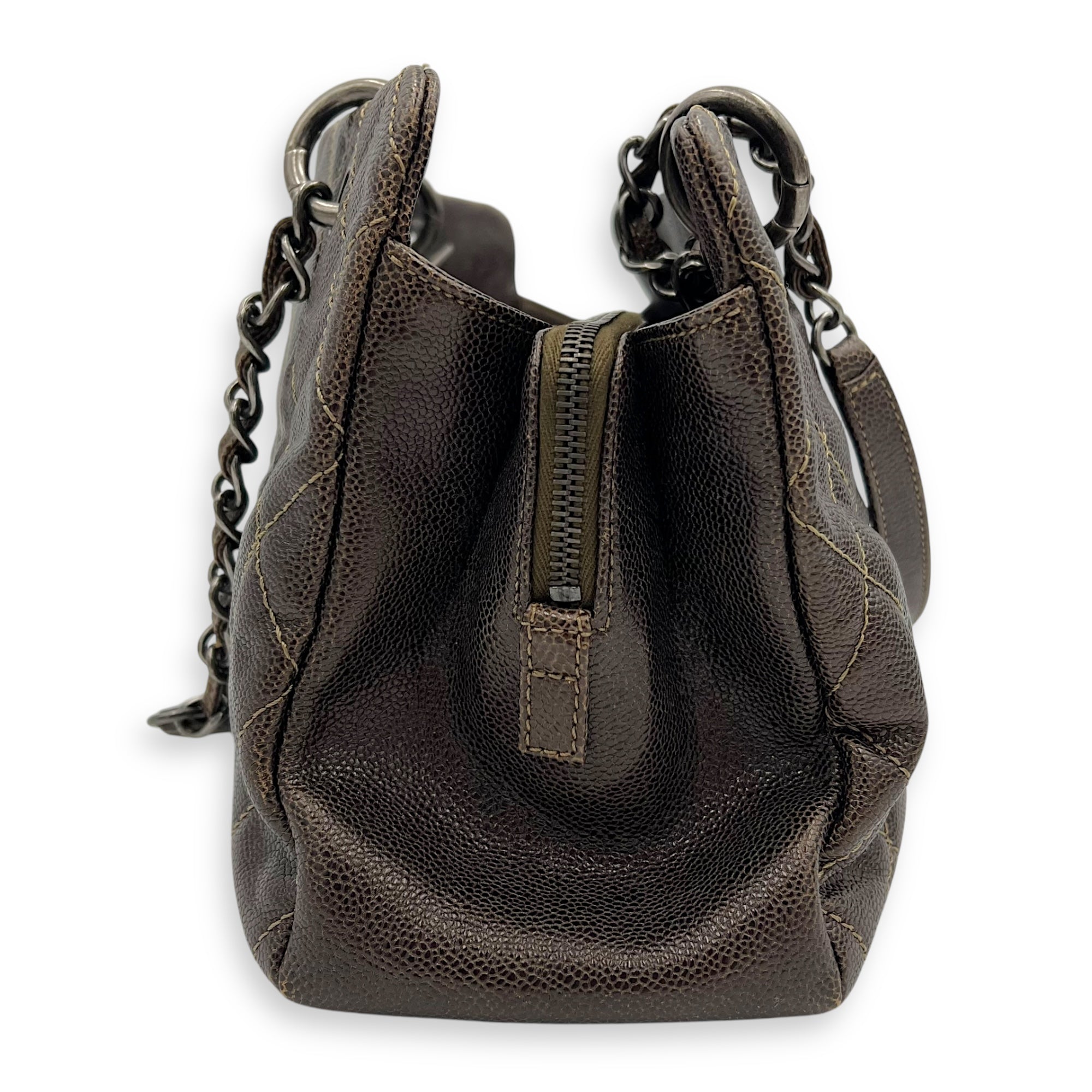 Chanel Quilted Wildstitch Tote Bag Brown in Caviar Leather, Silver hardware_4