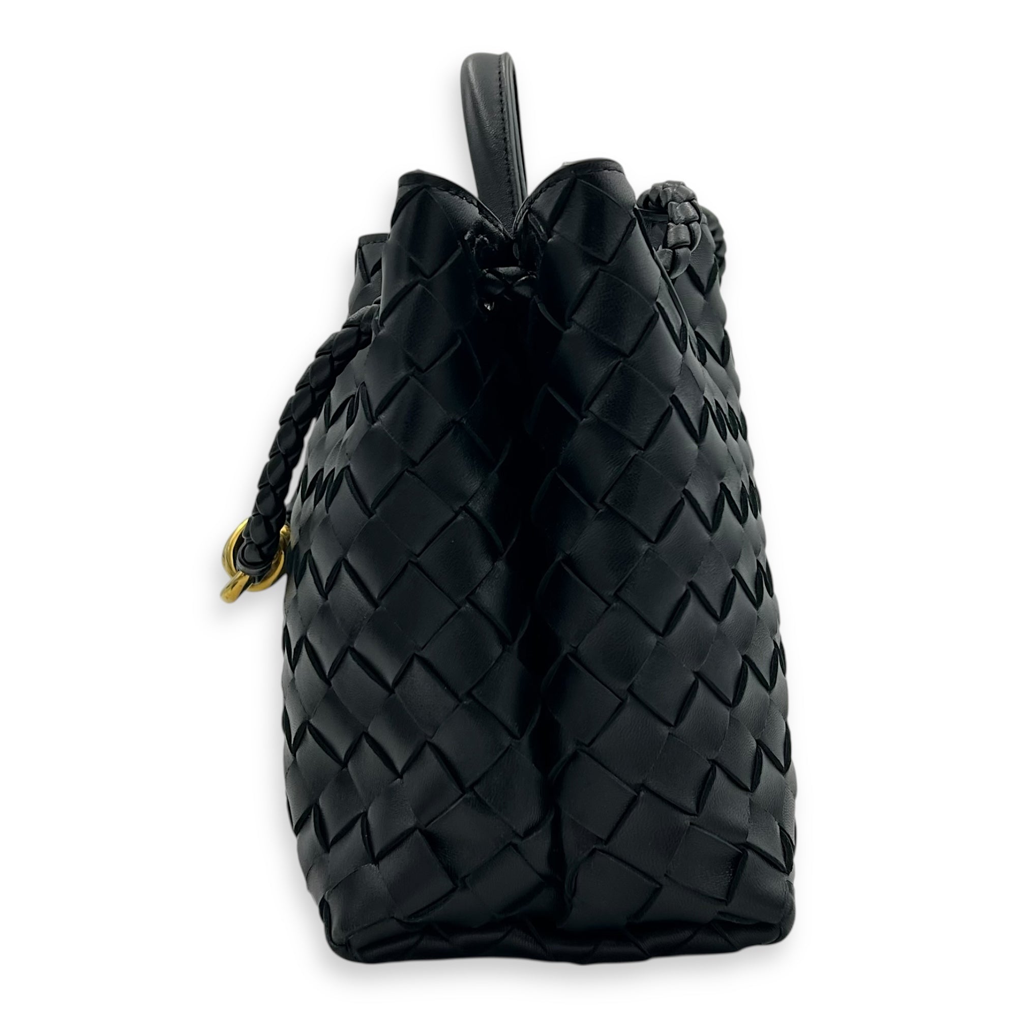 Bottega Veneta Andiamo Small Black Top Handle Bag in Calfskin, Gold hardware_4