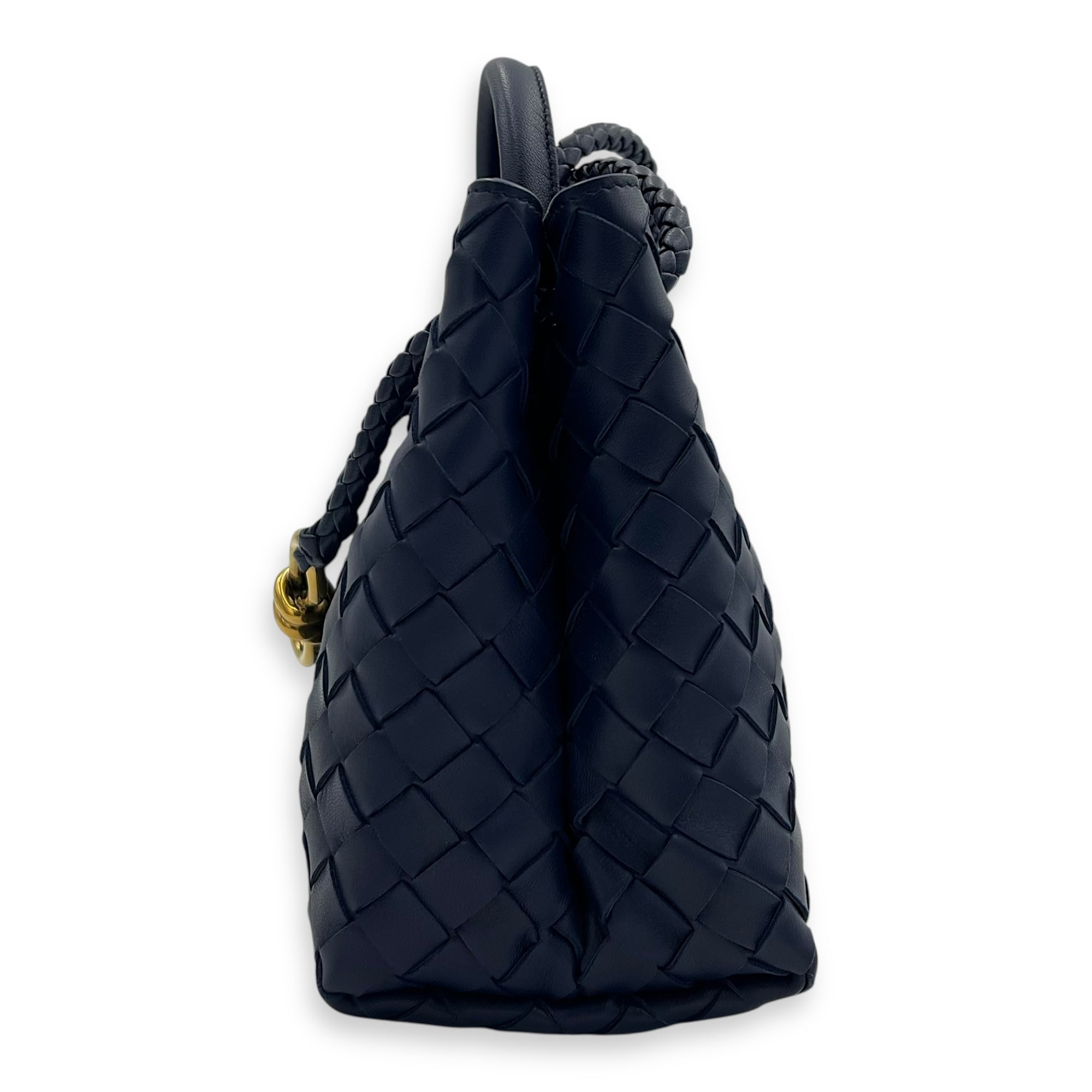 Bottega Veneta Andiamo Small Blue Top Handle Bag in Calfskin, Gold hardware_4