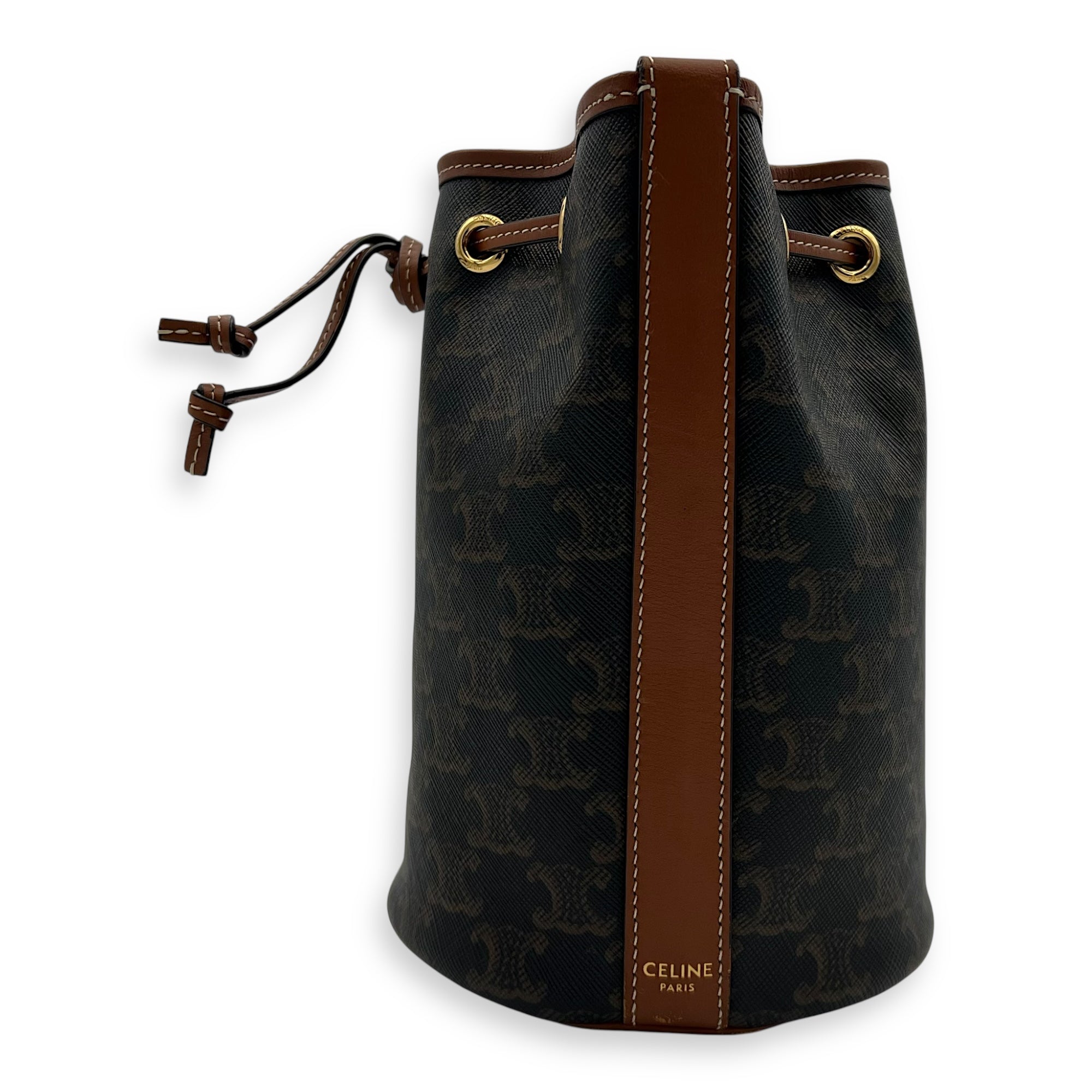 Celine Triomphe Bucket Bag Brown in Coated Canvas, Gold hardware_4