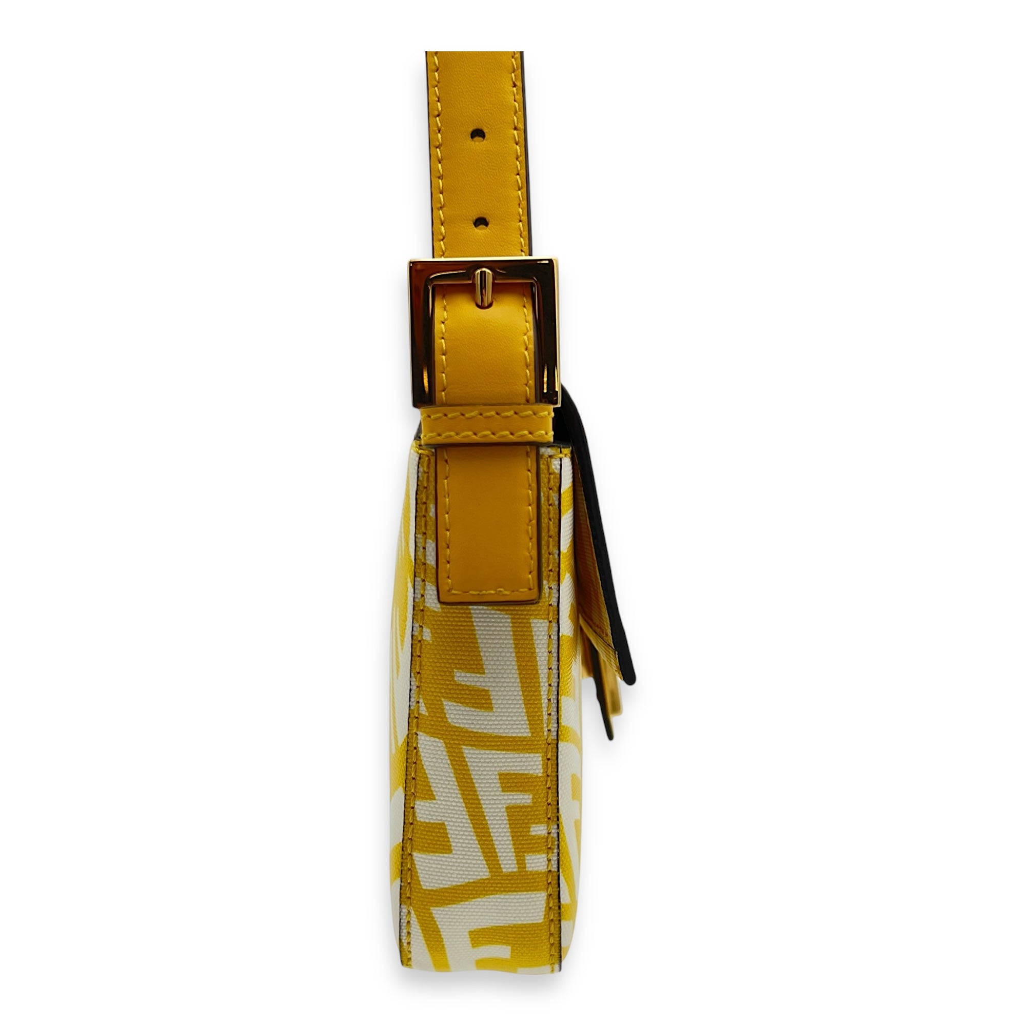 Fendi Baguette Shoulder Bag Yellow in Coated Canvas, Gold hardware_8