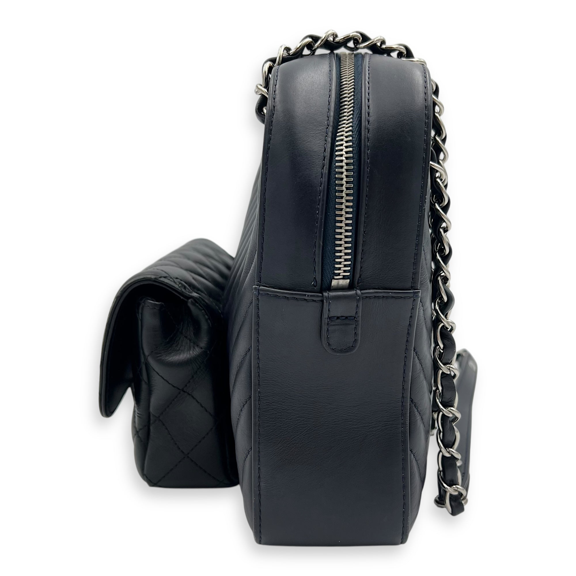 Chanel Paris Hamburg Double Camera Bag With Flap Navy & Black Shoulder Bag in Calfskin, Silver hardware_5