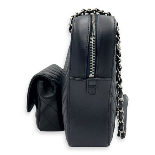 Chanel Paris Hamburg Double Camera Bag With Flap Navy & Black Shoulder Bag in Calfskin, Silver hardware_5