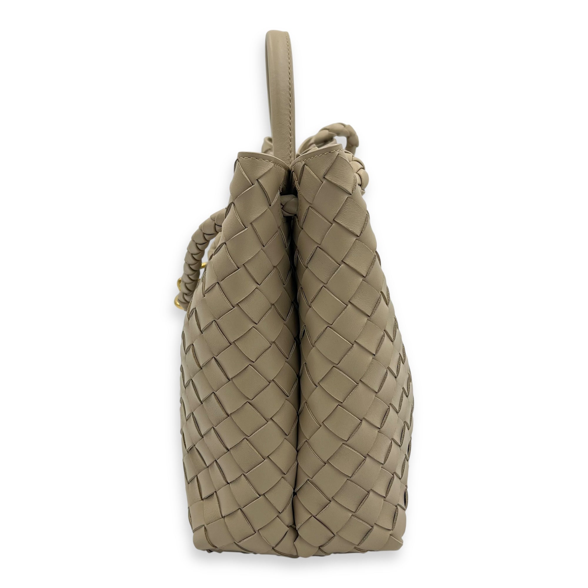 Bottega Veneta Andiamo Medium Beige Top Handle Bag in Calfskin, Gold hardware_4