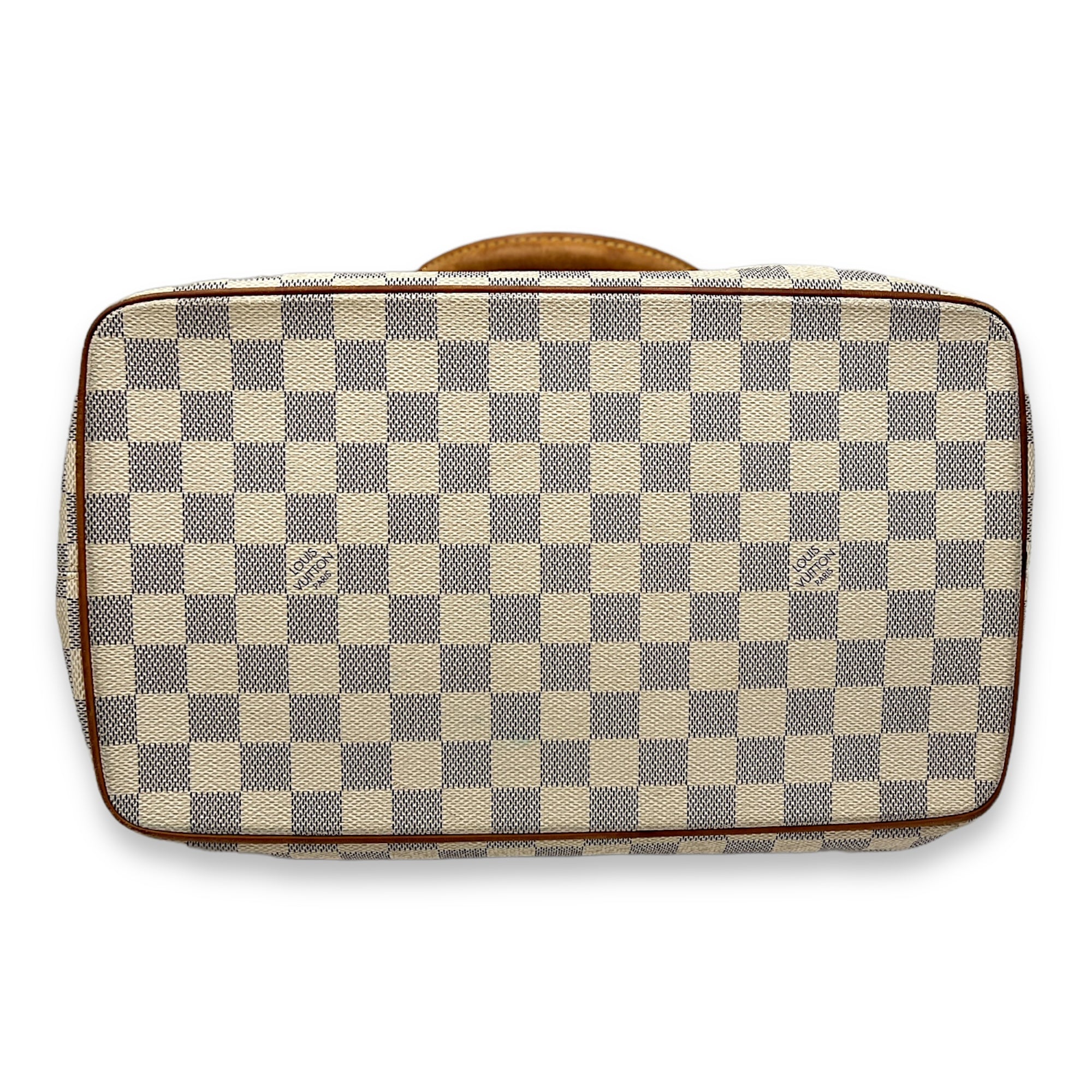 Saleya MM Damier Azur Top Handle Bag in Coated Canvas, Gold hardware