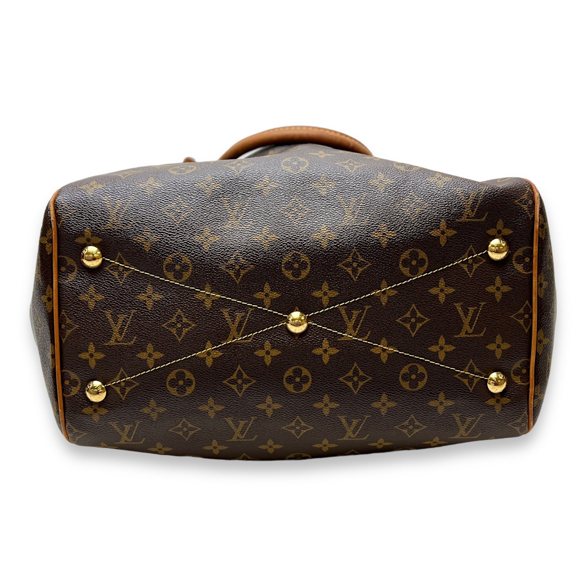 Tivoli GM Brown Top Handle Bag in Monogram Coated Canvas, Gold hardware