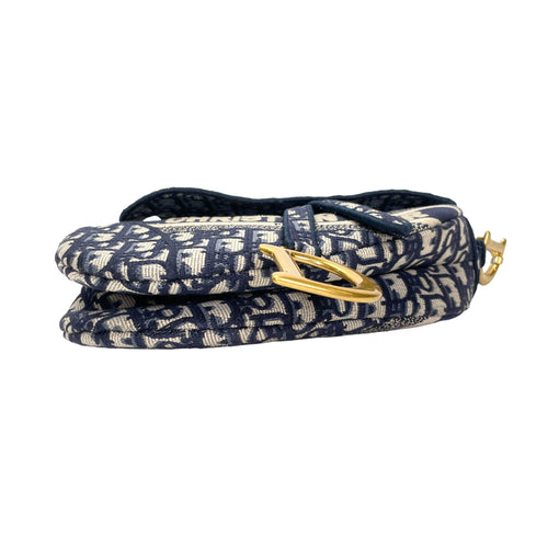 Saddle Medium Blue Top Handle Bag in Jacquard, Gold hardware