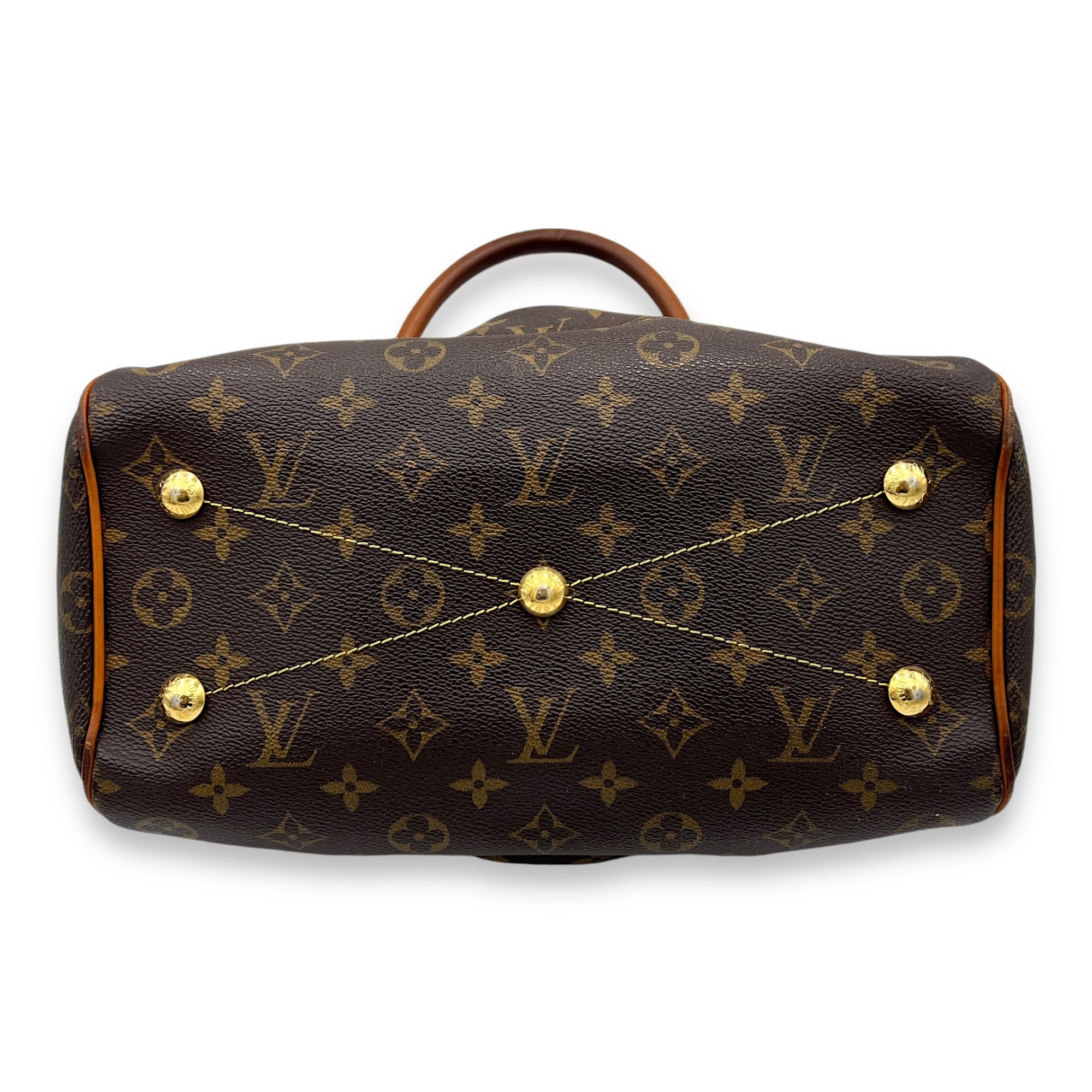 Tivoli PM Brown Top Handle Bag in Monogram Coated Canvas, Gold hardware