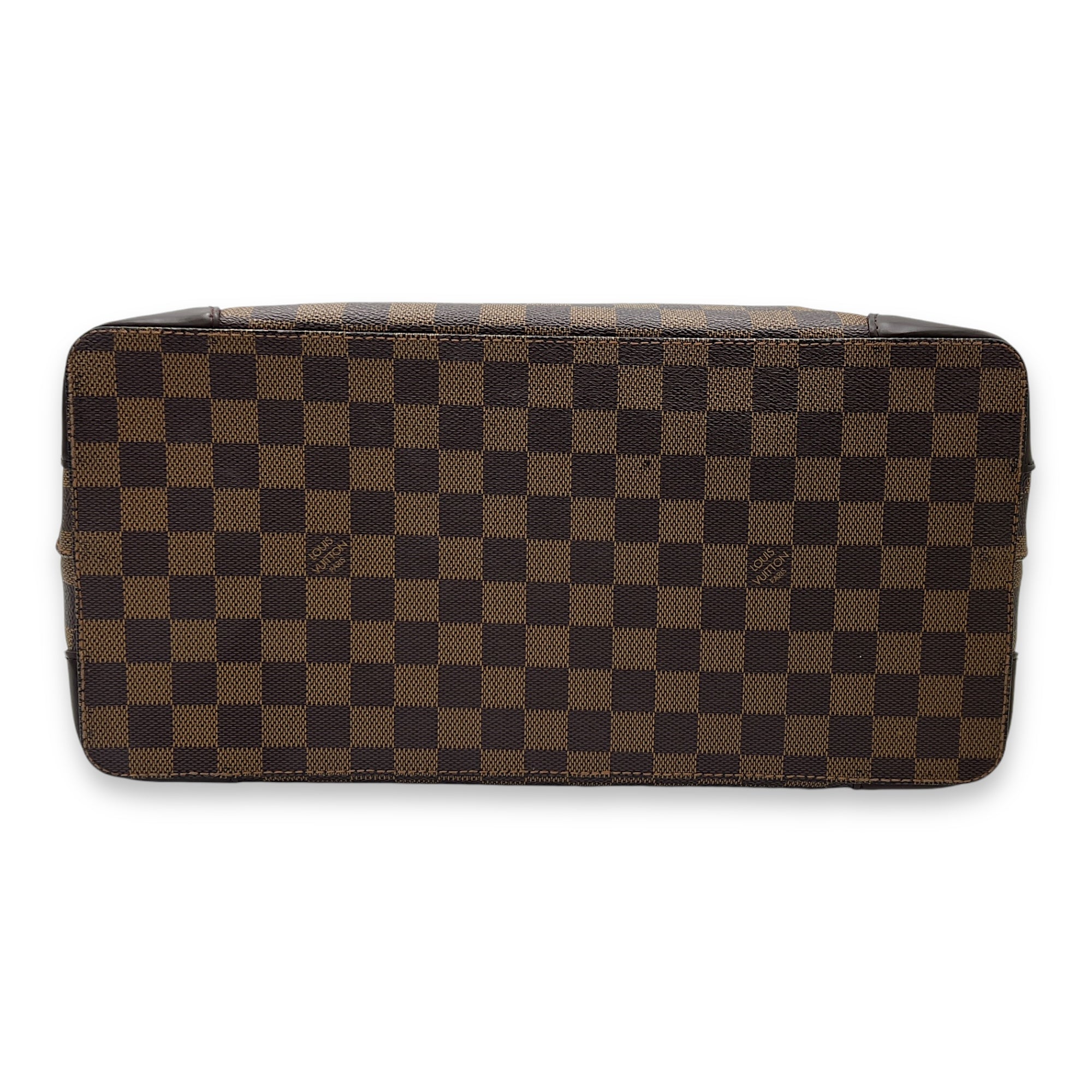 Hampstead MM Brown Top Handle Bag in Damier Ebene, Gold hardware