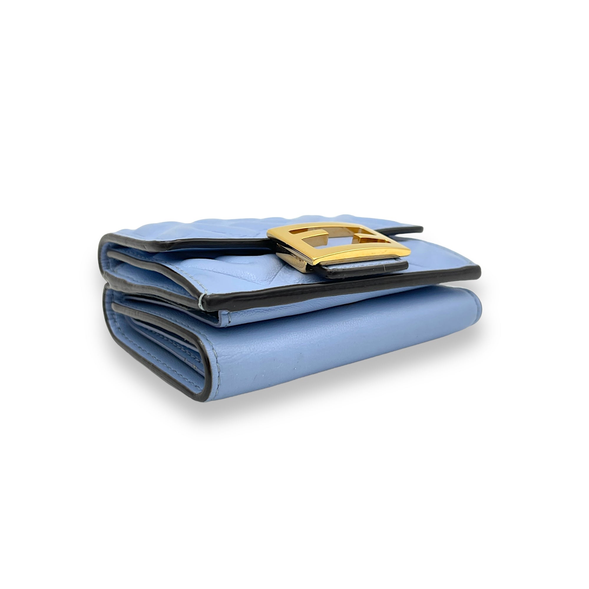 Baguette Trifold Micro Blue Wallet in Calfskin, Gold hardware