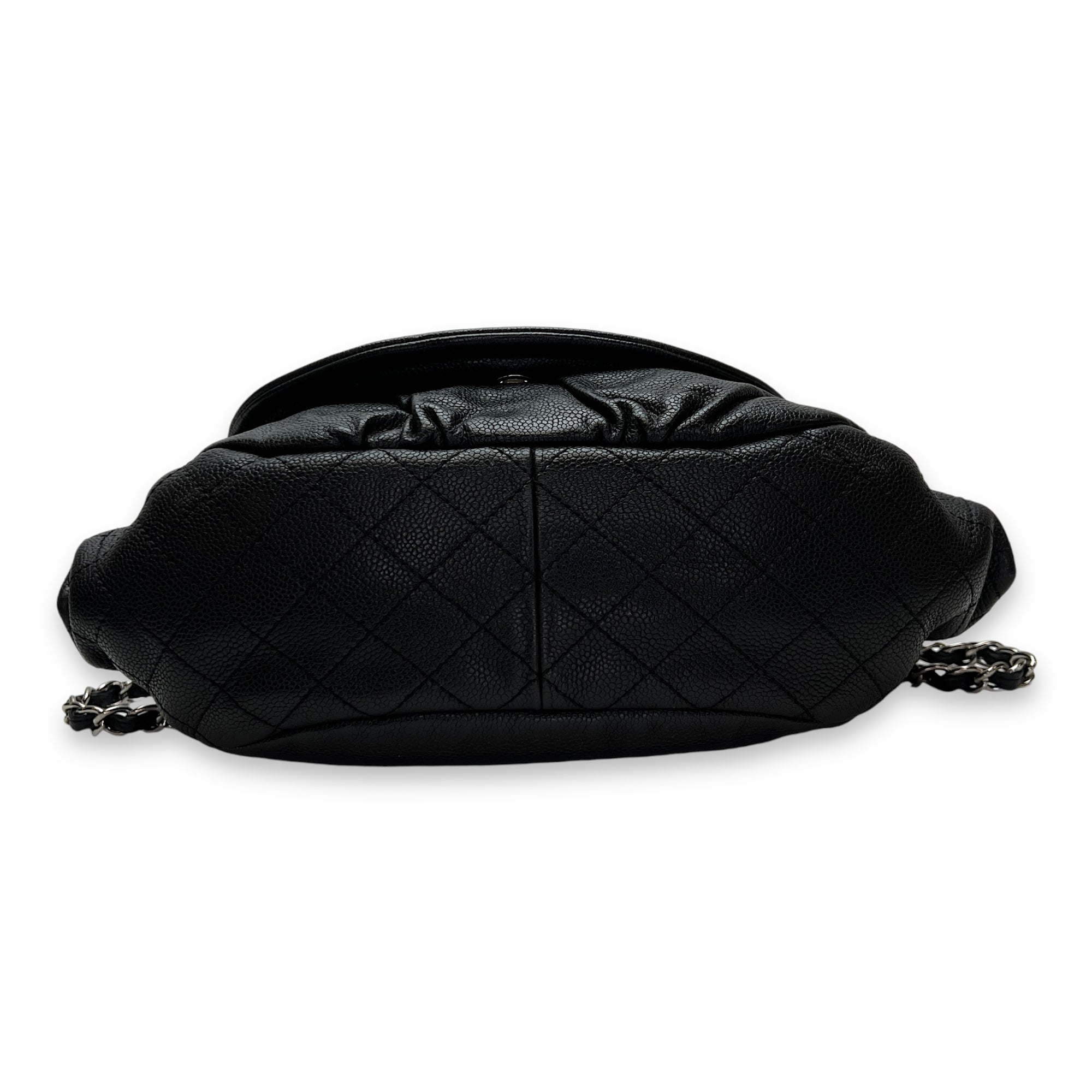 Half Moon Black Shoulder Bag in Caviar Leather, Silver hardware