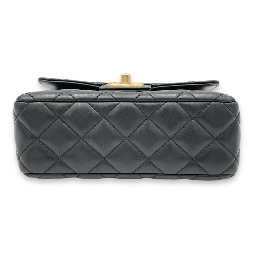 Square Flap Chain Black Crossbody Bag in Lambskin, Gold hardware