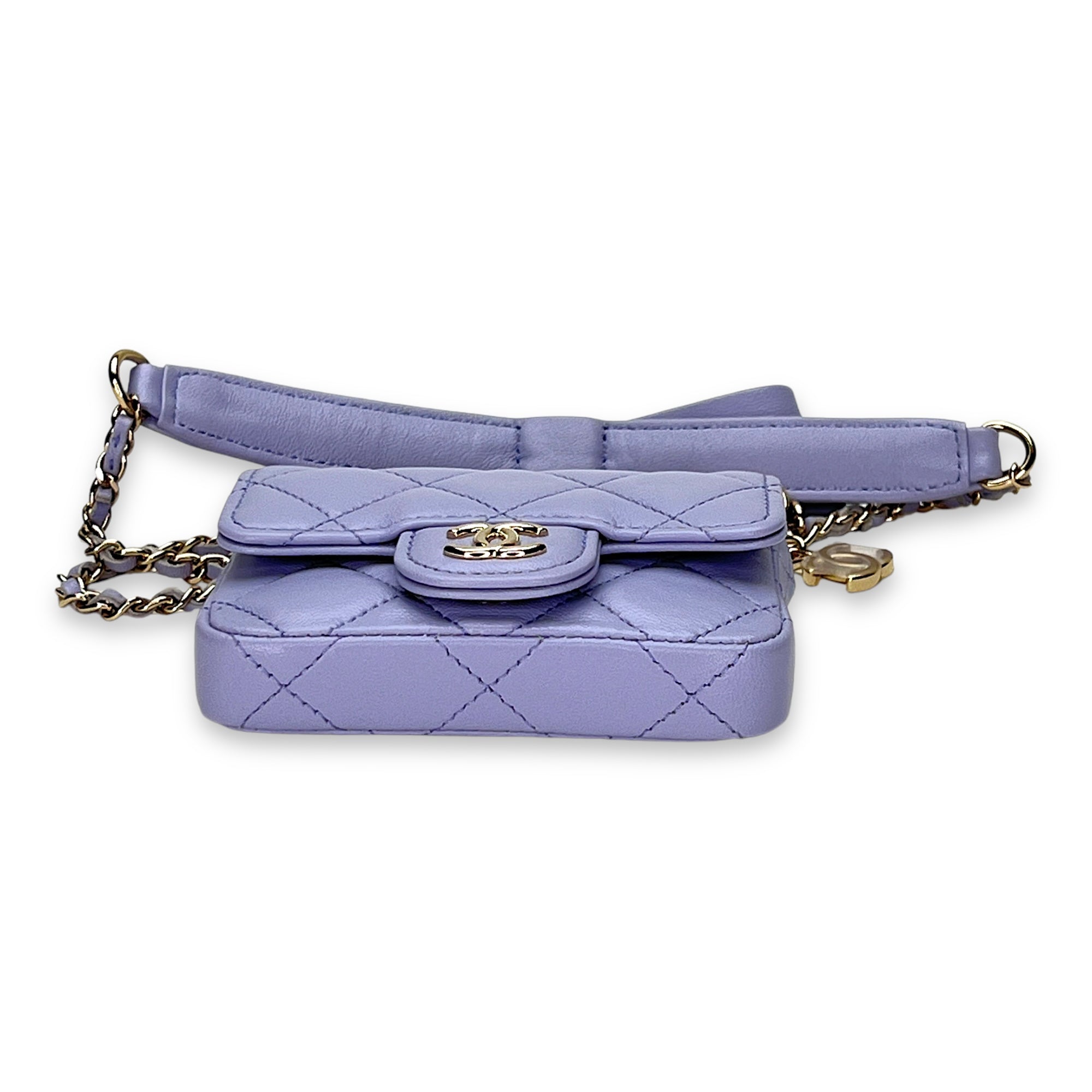 Classic Flap Chain Mini Purple Card Holder in Lambskin, Light Gold hardware