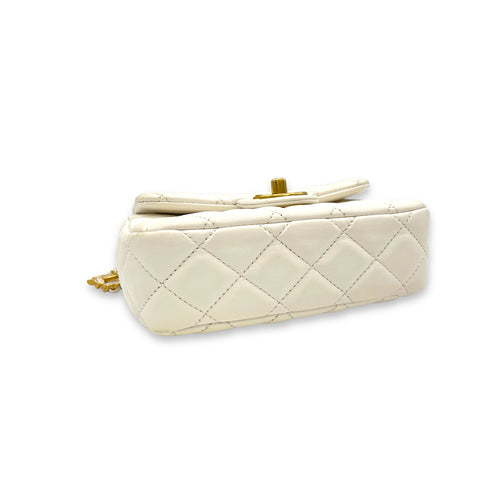 Square Bag Mini White Crossbody Bag in Lambskin, Gold hardware