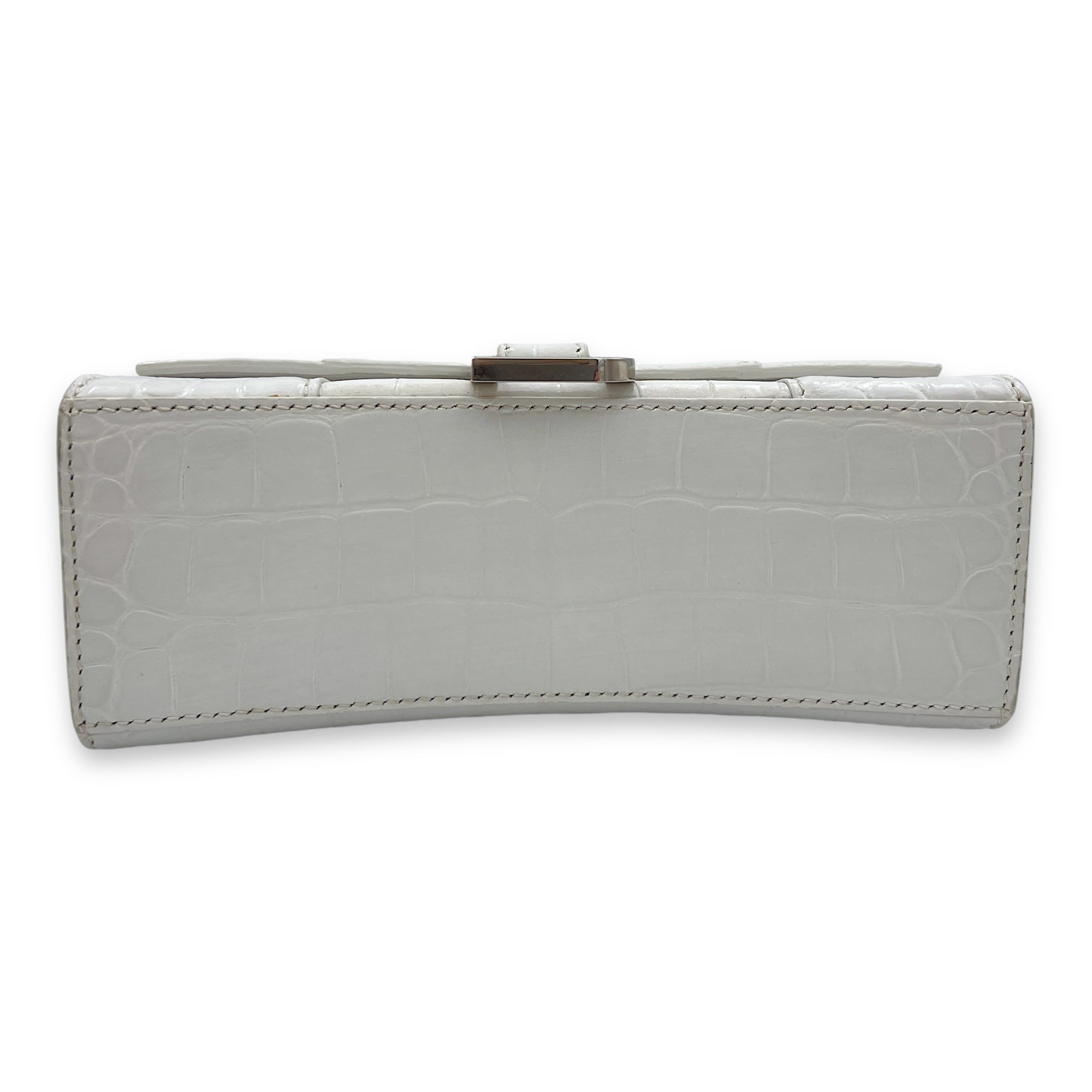 Hourglass XS White Top Handle Bag in Crocodile Embossed Calfskin, Silver hardware