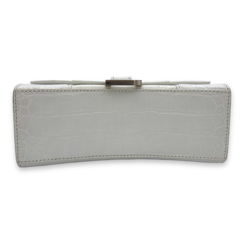 Hourglass XS White Top Handle Bag in Crocodile Embossed Calfskin, Silver hardware