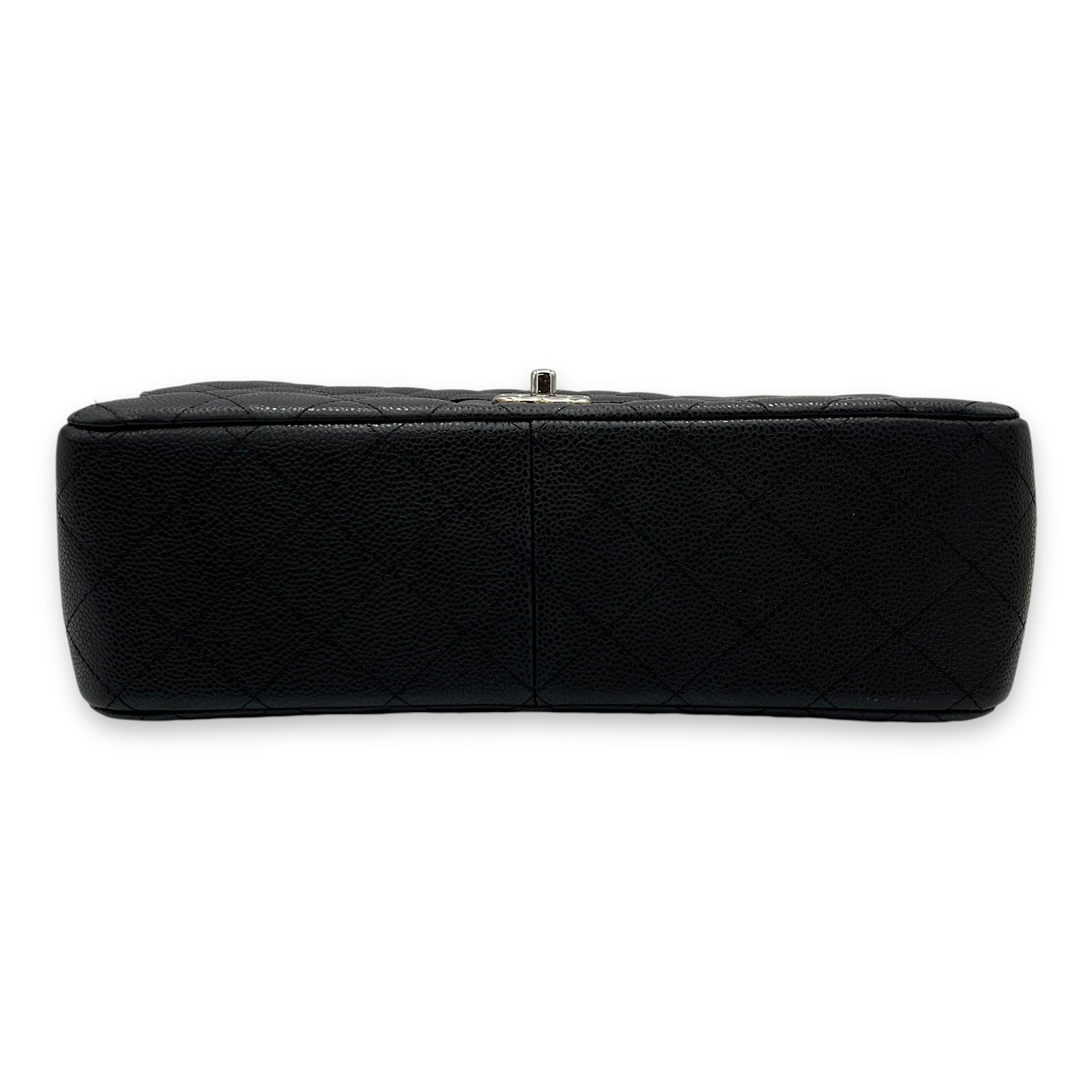 Classic Double Jumbo Black Shoulder Bag in Caviar Leather, Silver hardware