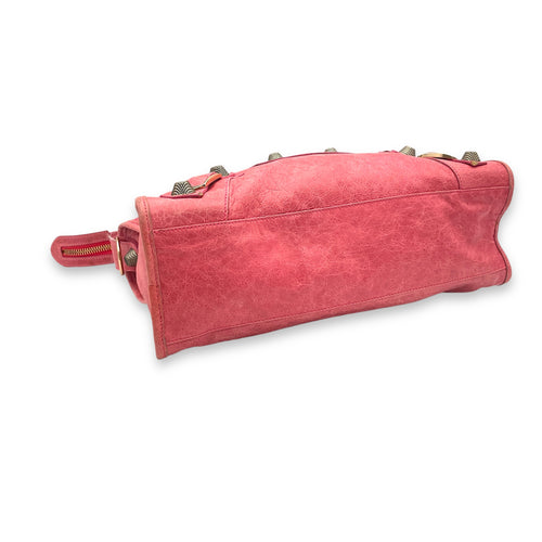 City Medium Pink Top Handle Bag in Distressed Leather, Rose Gold hardware