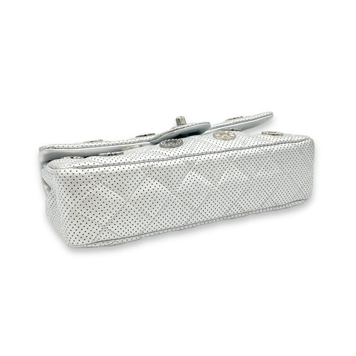 Paris Dubai Flap Silver Shoulder Bag in Perforated Lambskin, Silver hardware