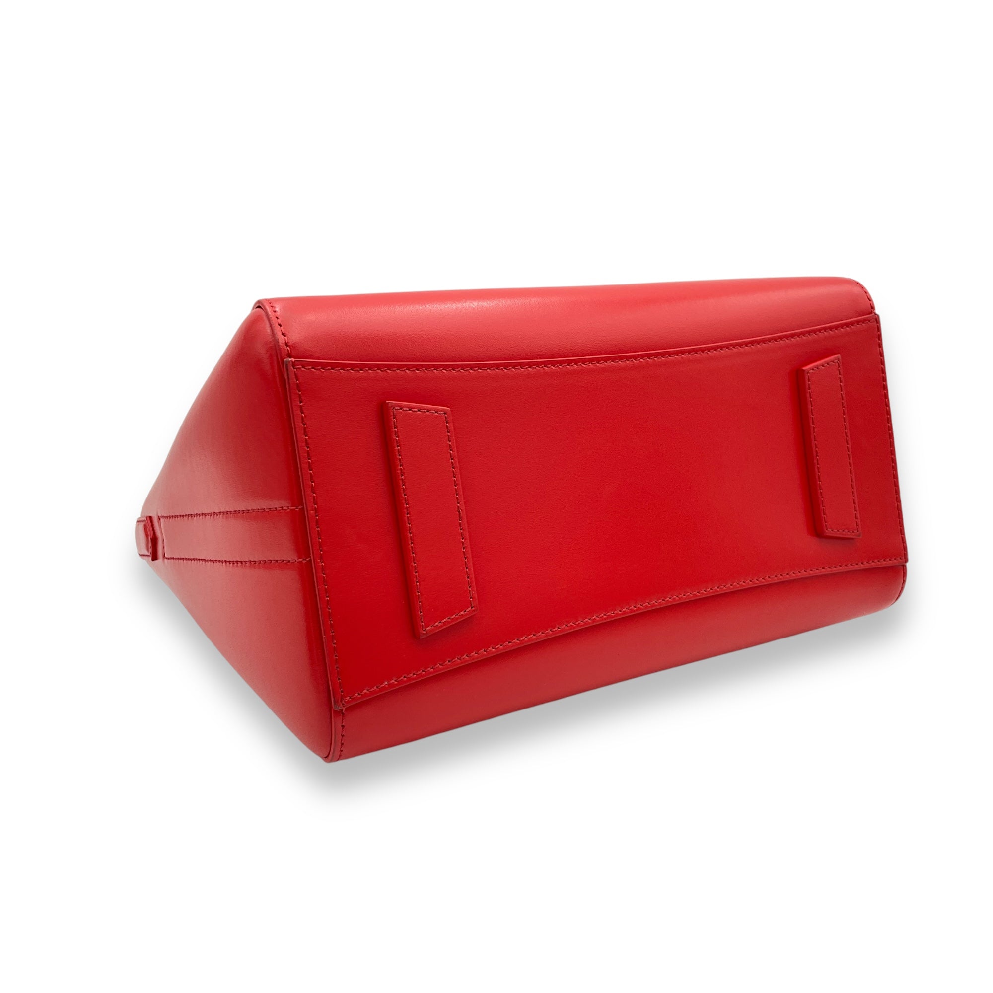 Lock Antigona Small Red Top Handle Bag in Calfskin, Silver hardware