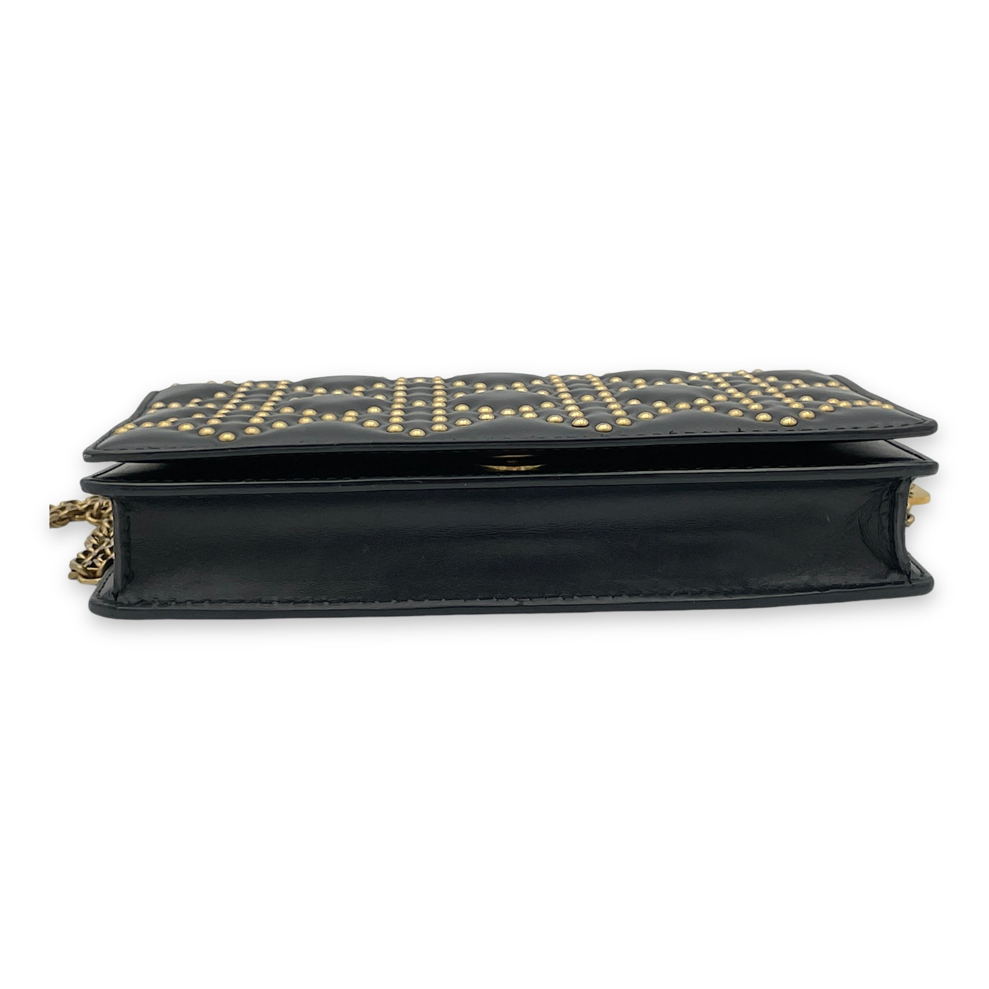 Studded Black Wallet On Chain in Lambskin, Gold hardware