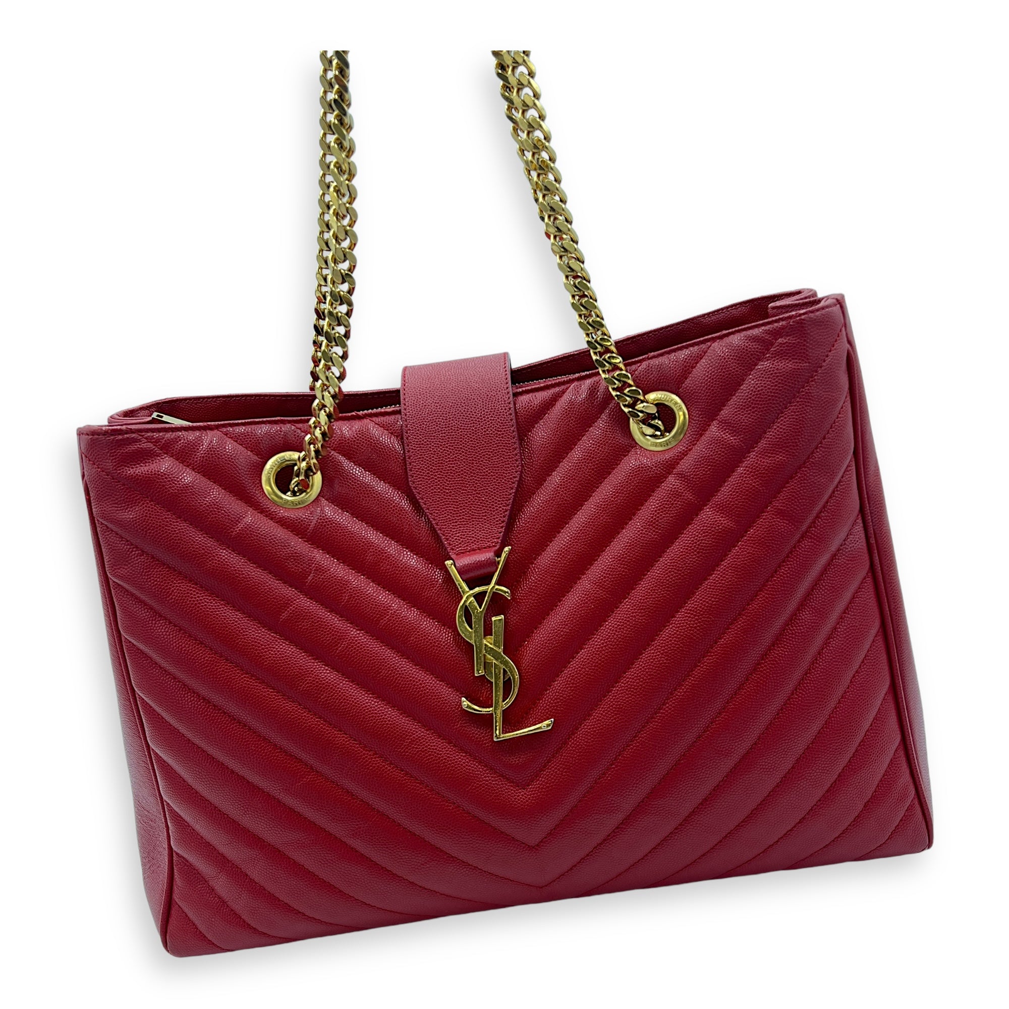 Cassandre Red Tote Bag in Caviar Leather, Gold hardware