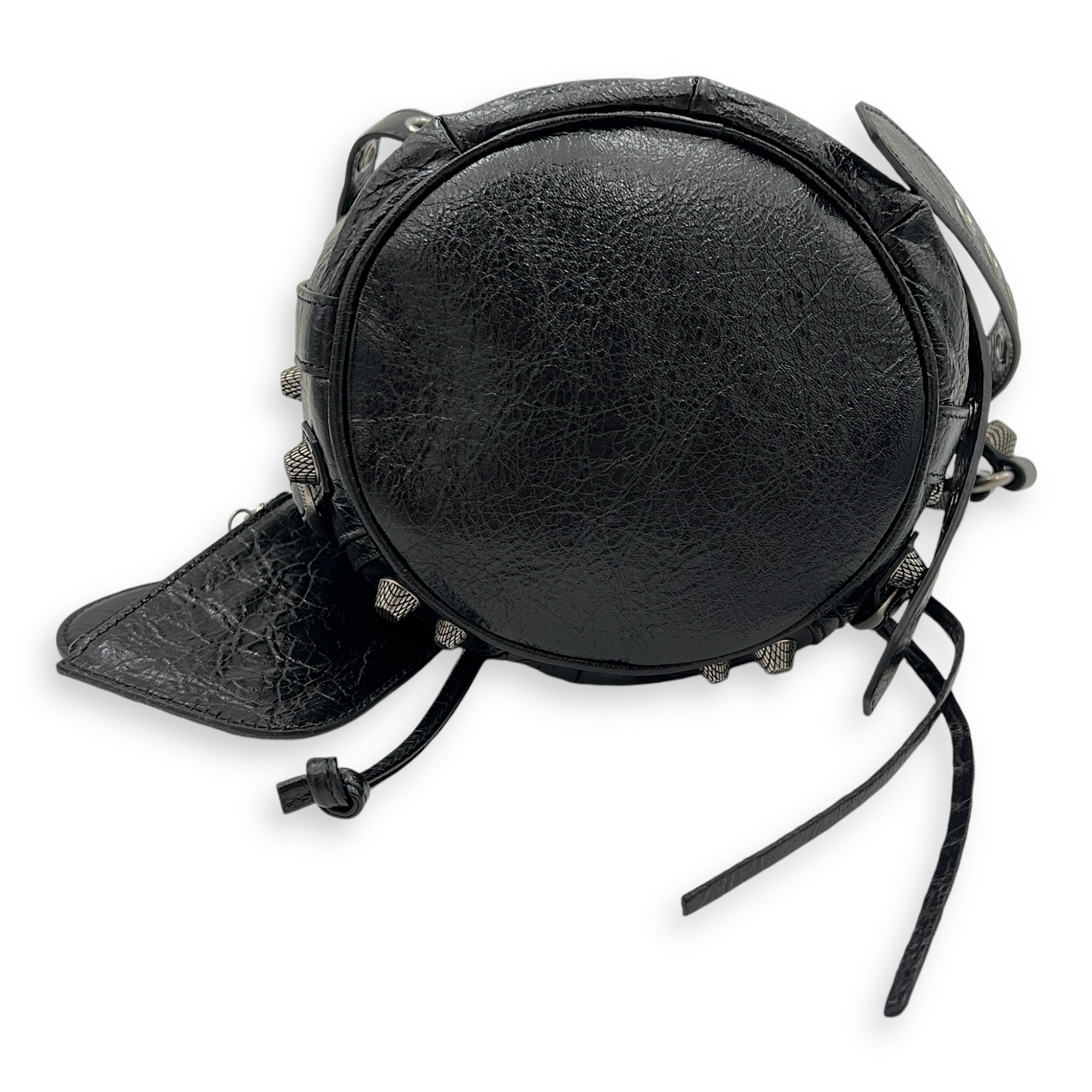 Le Cagole XS Black Bucket Bag in Distressed Leather, Silver hardware