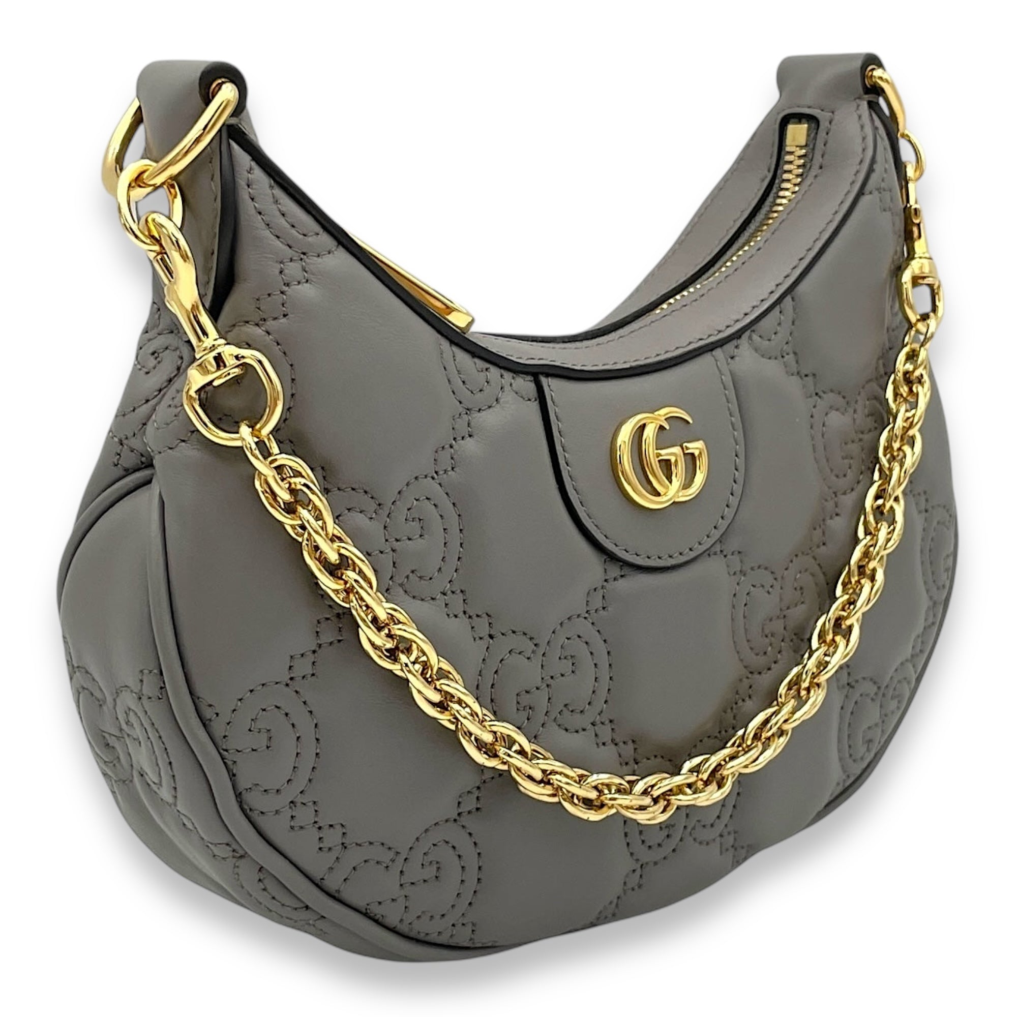 Matelassé Shoulder Bag  Grey in Calfskin , Gold Hardware