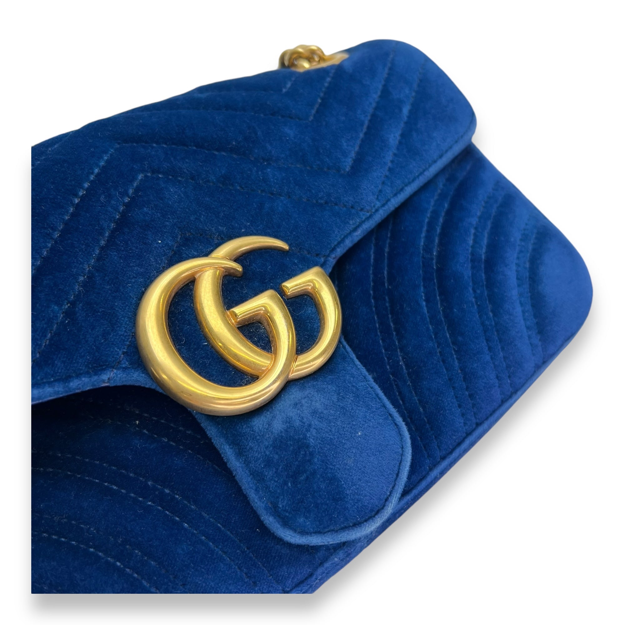 GG Marmont Small Blue Shoulder Bag in Velvet, Gold hardware