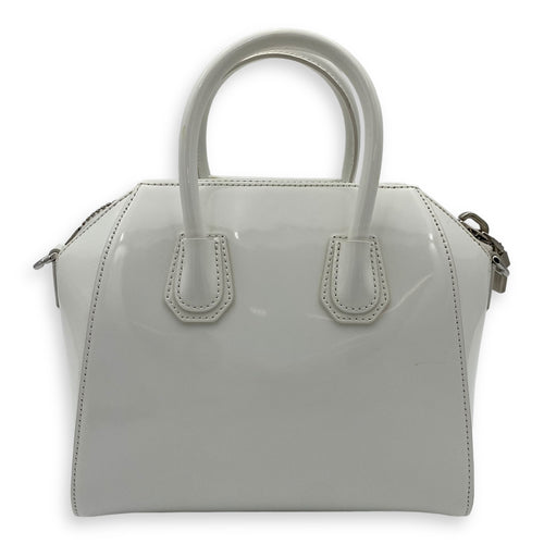 Antigona Mini White Top Handle Bag in Patent Leather, Silver hardware